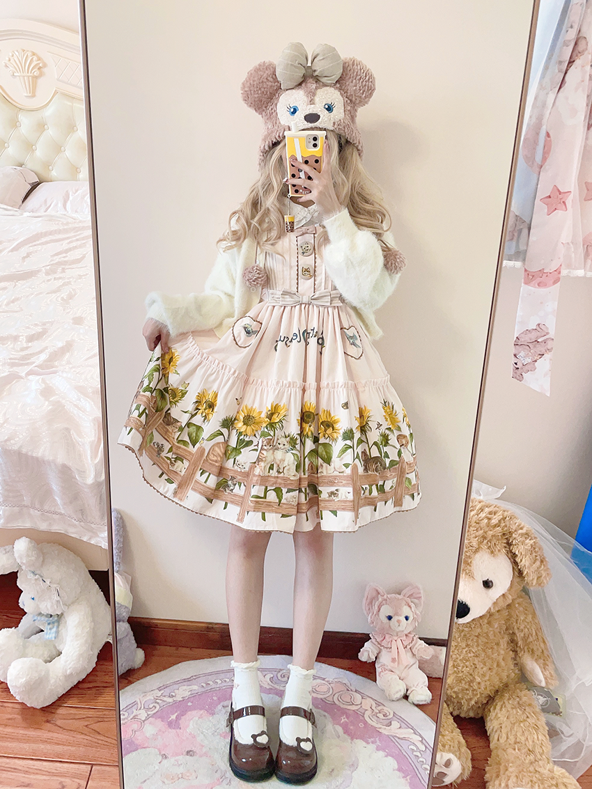 Polaris Lolita - Cat and Sunflower - Sweet Lolita JSK Cat and Sunflower Print Dress and Headdress Set 36738:526426