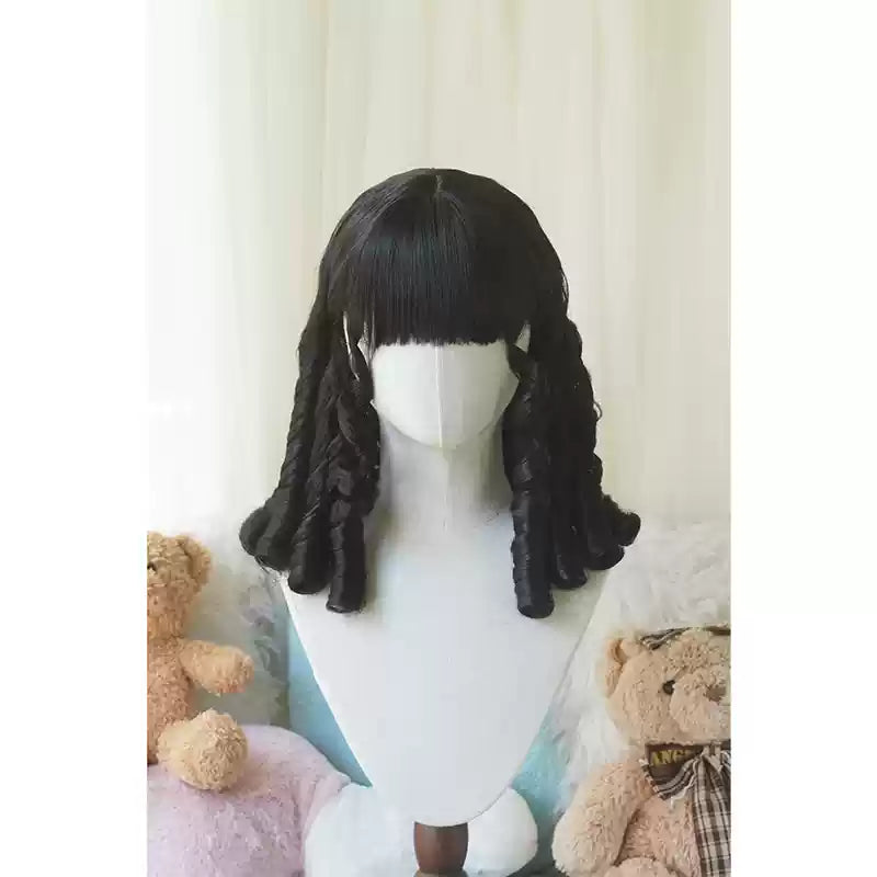 Imperial Tea - Retro Lolita Wig Short Roman Curl Hairpiece Natural black straight bangs with hairnet