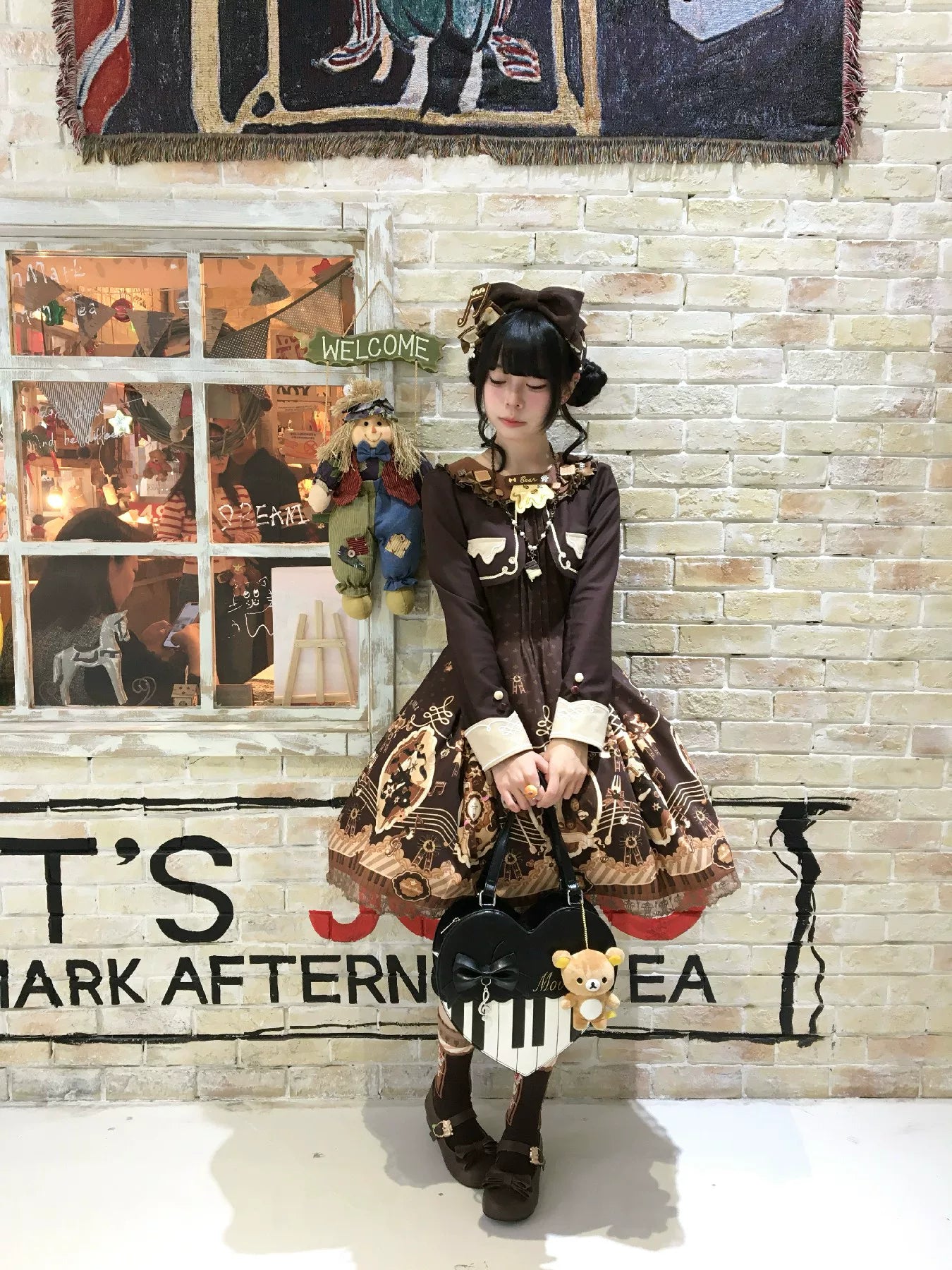 Cream Bear - Print Kawaii Lolita Fake Two-Piece OP, A-lined JSK Dress 44502:811684