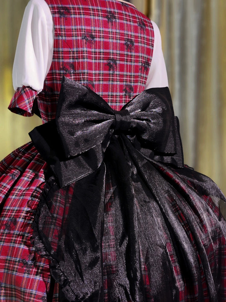 Forest Fluorescent Carps - IP Collab Sweet Lolita Performance Outfit Red Plaid JSK Full Set S Large bow trailing