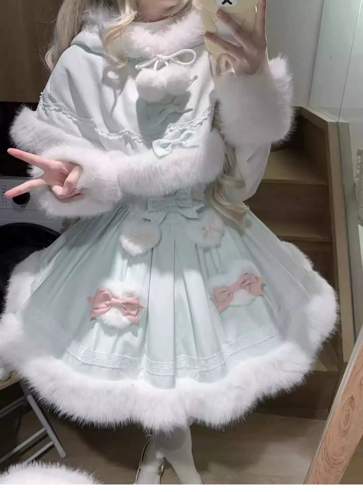 Sweet Dream Bunny - Sweet Lolita Cape & JSK Dress Set, Faux Fur Bunny Ear 46120:875792