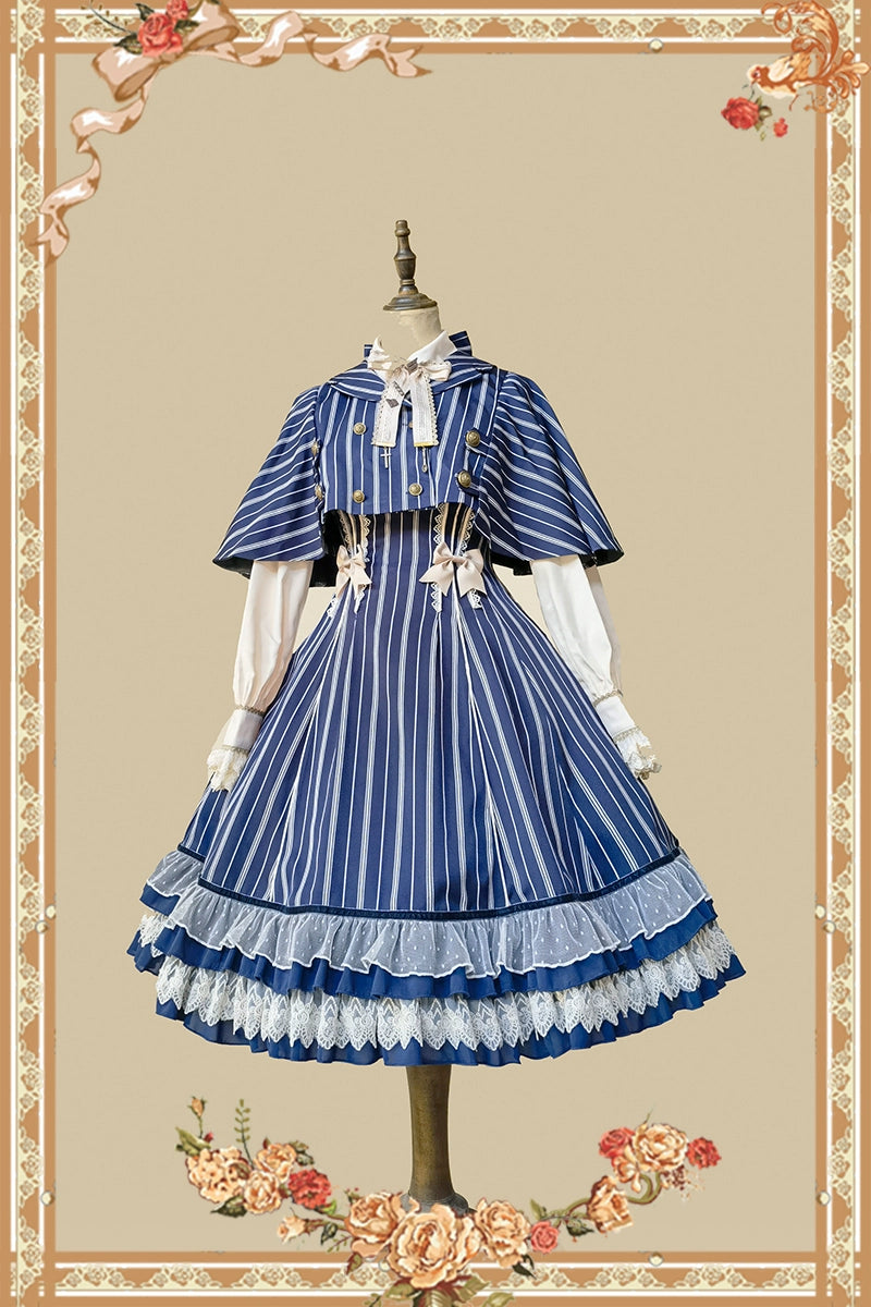 Infanta - Elegant Lolita Stripe High-waist Jumper Dress Set and Cape