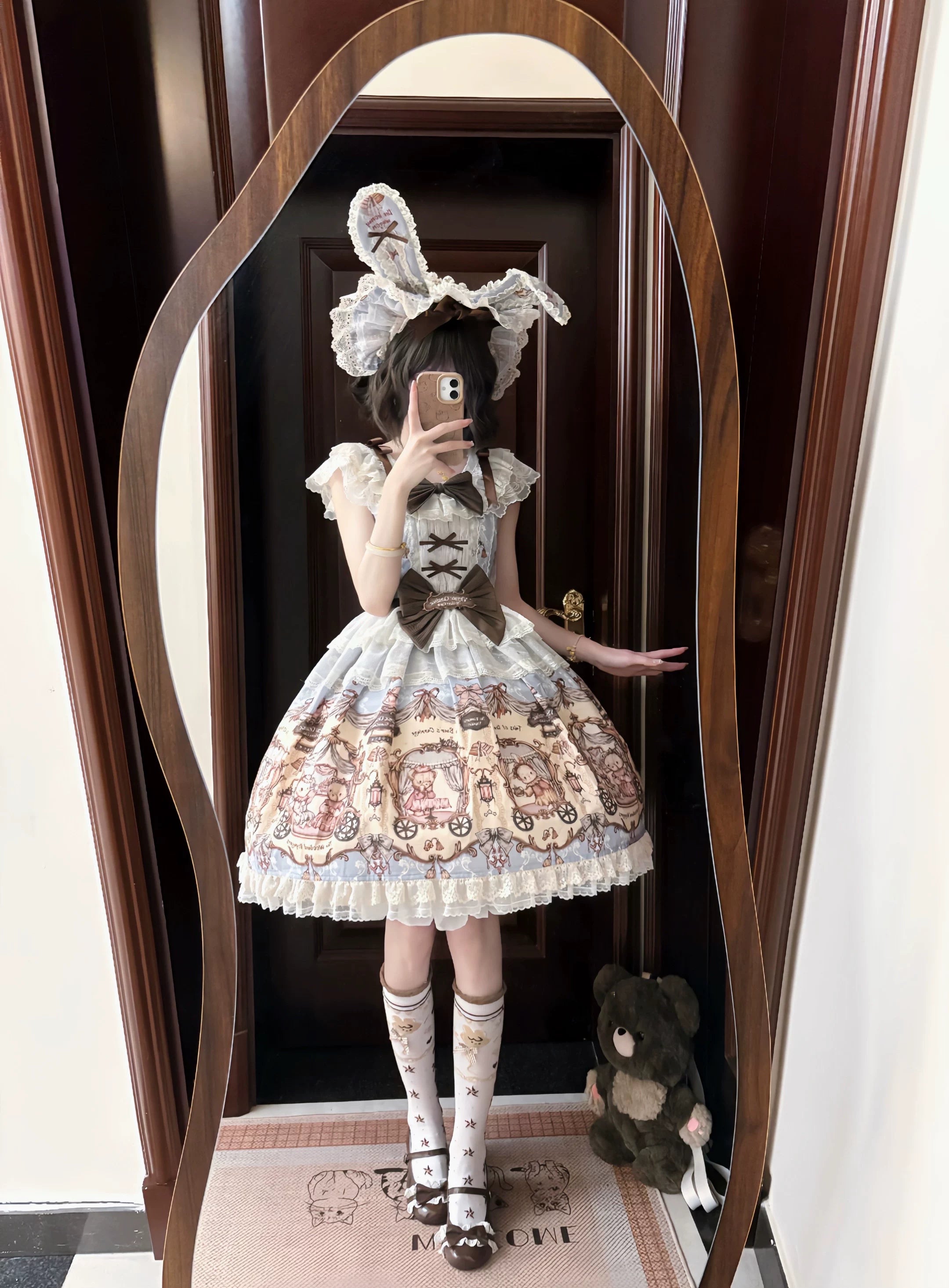 Bunny and Bear - Printed Sweet Lolita Dress, Lace and Bow Details