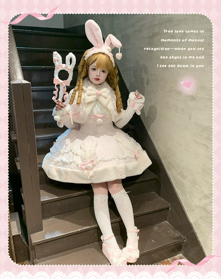 Mengfuzi - Bunny Mochi - Winter Doll-like Sweet Lolita Cape Dress Set