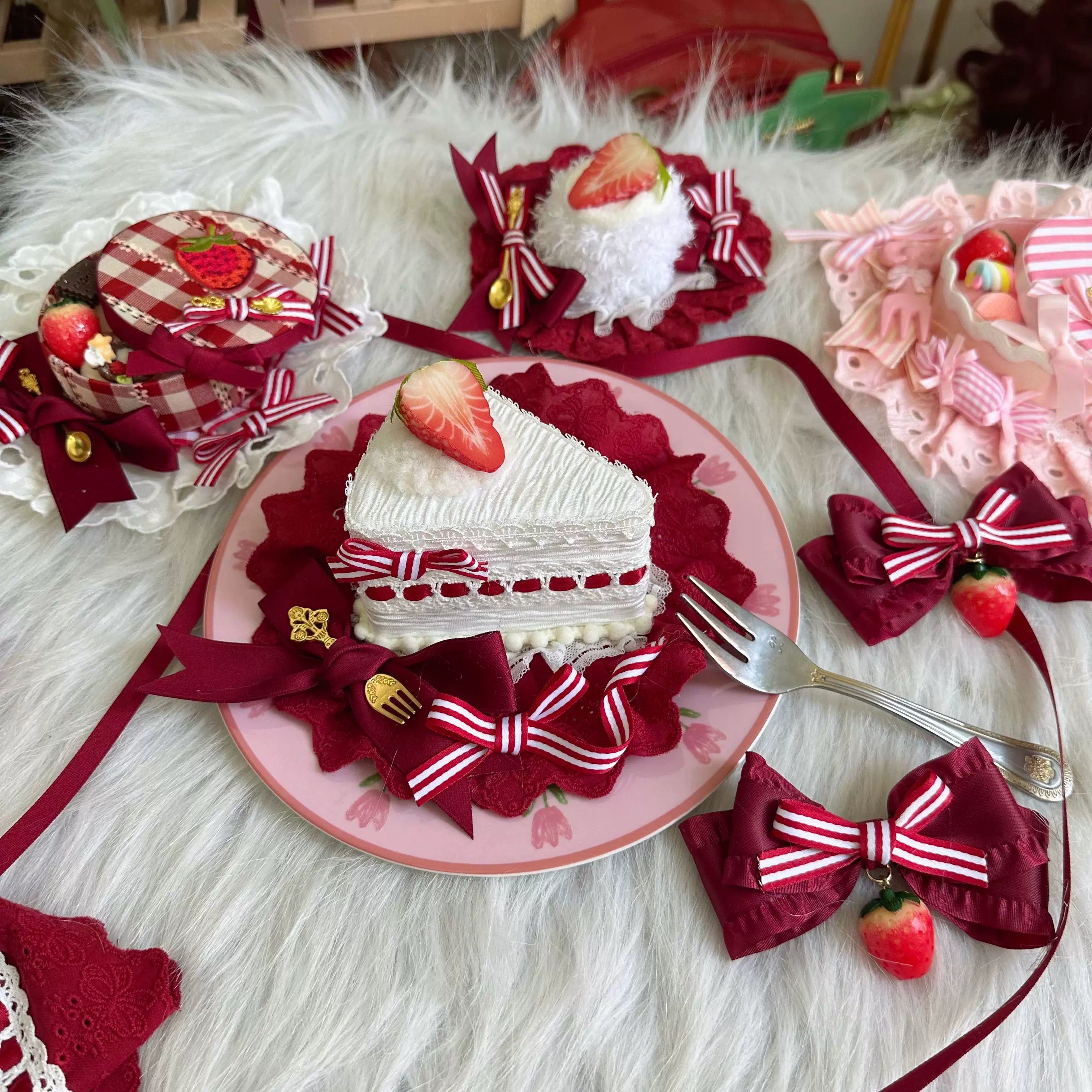 Sweet Lolita Headdresses, Strawberry, Ruffles & Bows Triangle Cake Hat Only