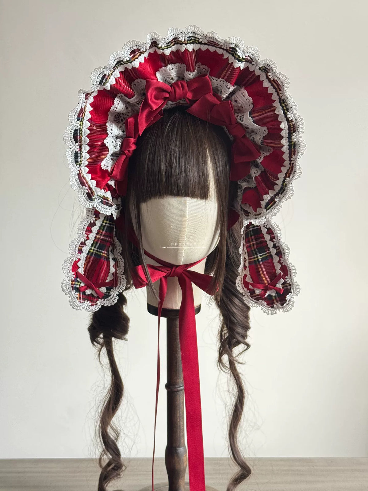 Red Plaid Lolita Headdress, Wire-edged Bunny Ear BNT