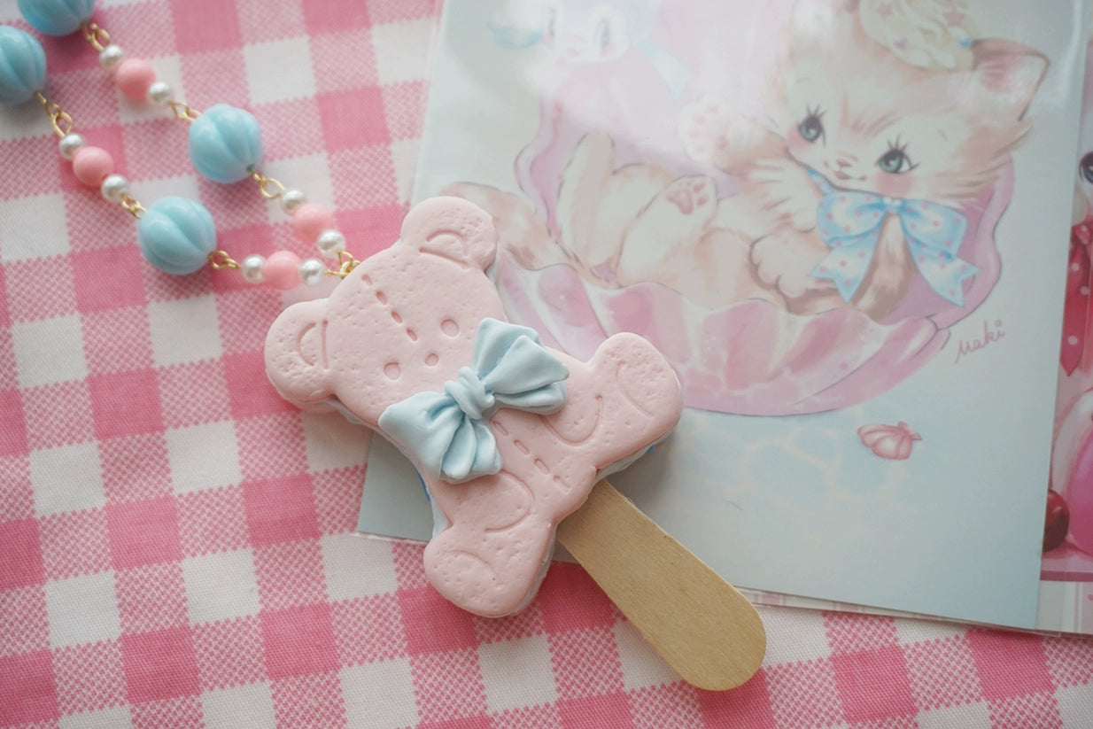 Cat Tea Party - Kawaii Lolita Necklace Bear Biscuit Ice Cream Handmade Clay Necklace Pink