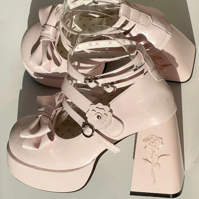 Dreamland - Whispers of the Rose - Daily Lolita Platform Heels Shoes with Relief Rose Light Pink (back heel height: 11 cm) 34