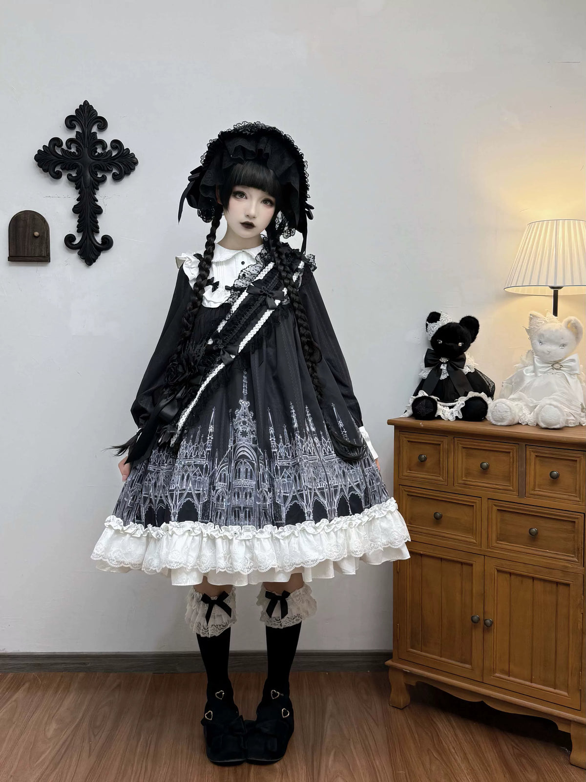 Silent Spire - Gothic Lolita Cathedral Print JSK & OP Dress Set, Side Pockets 45921:868085