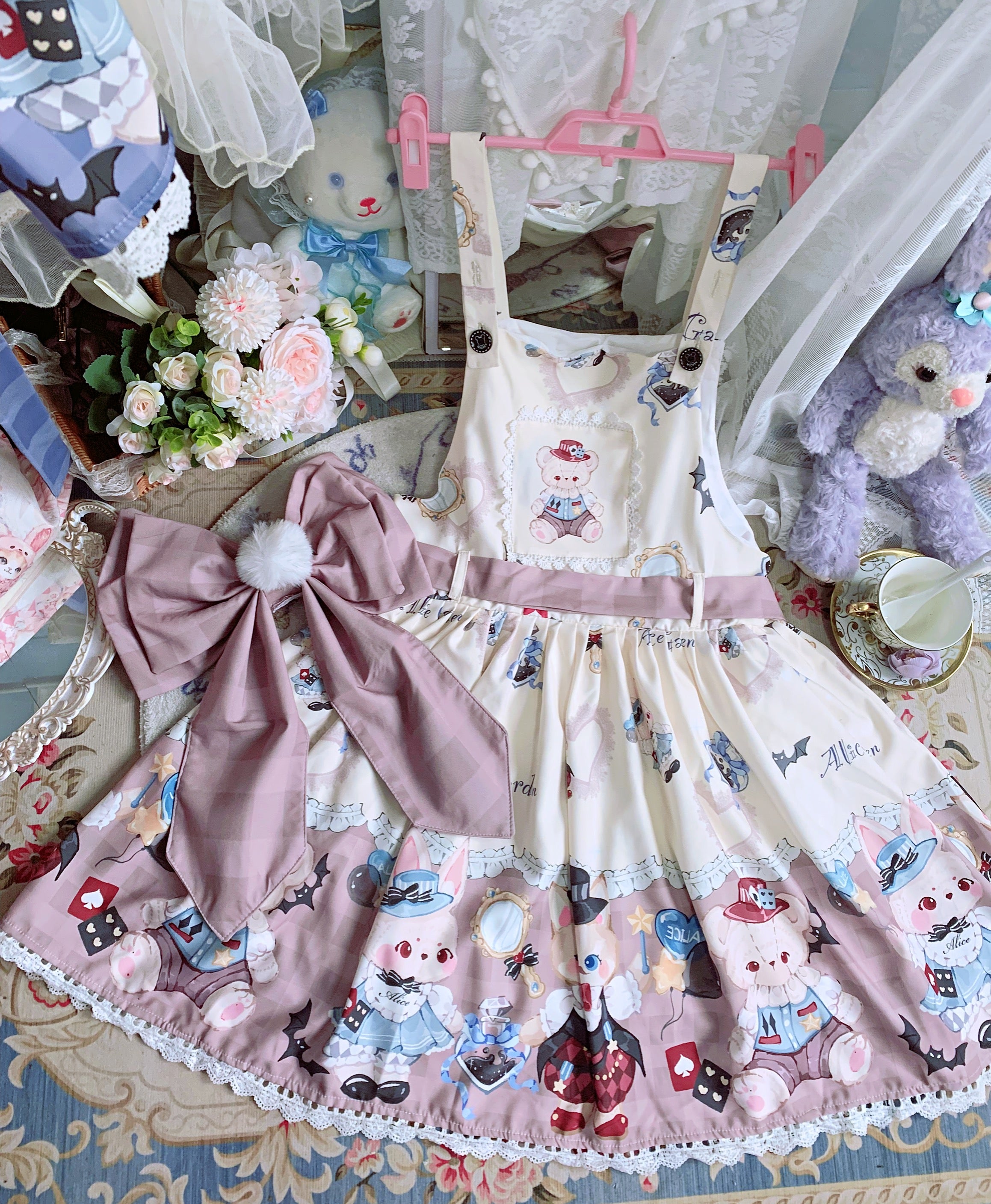 Night Never Sleeps - Bunny Meow Bear - Kawaii Lolita Salopette Bear Print Dress Ivory Salopette + Bow Trailing S