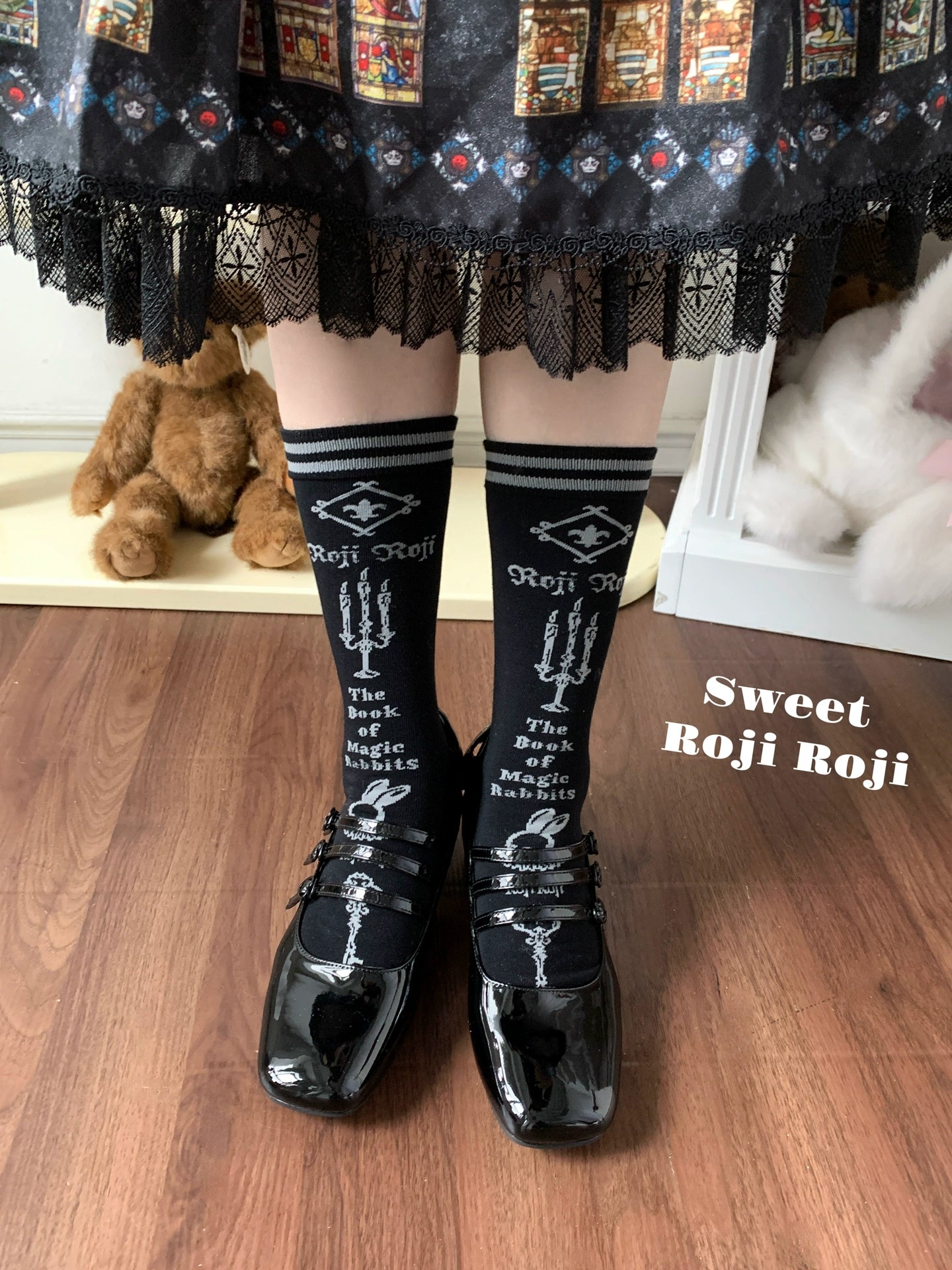 Roji Roji - Printed Cotton Sweet Lolita Calf Socks (Black) 44320:804798