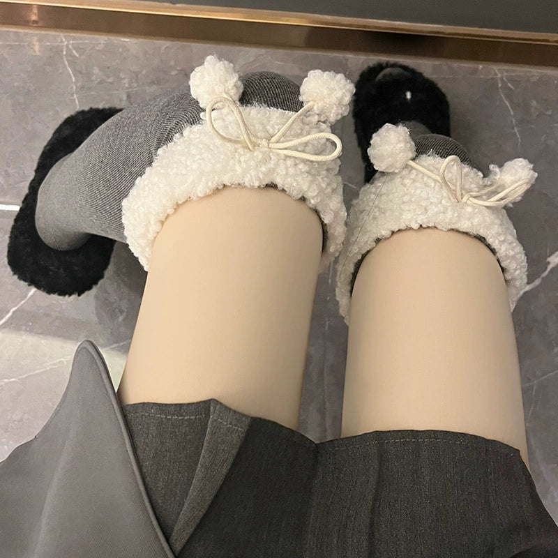Hua Nai cat - Kawaii Winter Lolita Stockings Fuzzy Trim Furball Over-knee Socks One Size Light gray