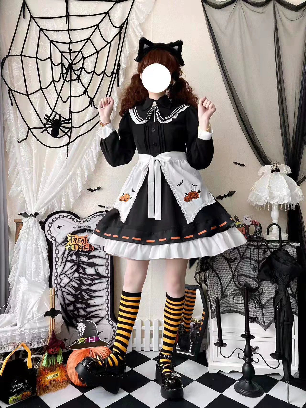 Little Witch - Halloween Gothic Lolita OP Dress Set, Pumpkin & Bat Embroidery