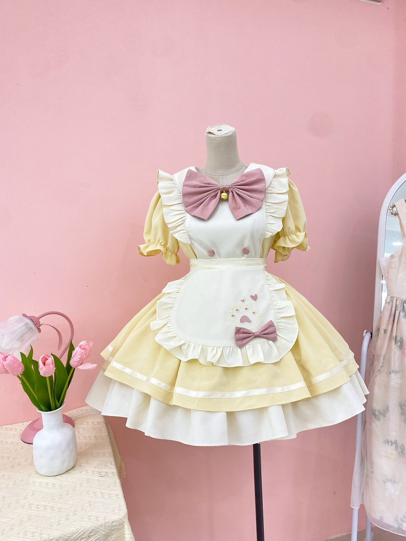 Qianmu - Cat Cafe - Maid Lolita OP dress with Detachable Bow and Apron Cream Yellow - OP (with a apron+a large bow+a small bow) S