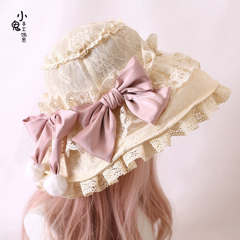 Xiaogui - Retro Lolita Hat Lace Handmade Doll Hat with Multicolor Bows One Size beige hat with bean paste pink bow