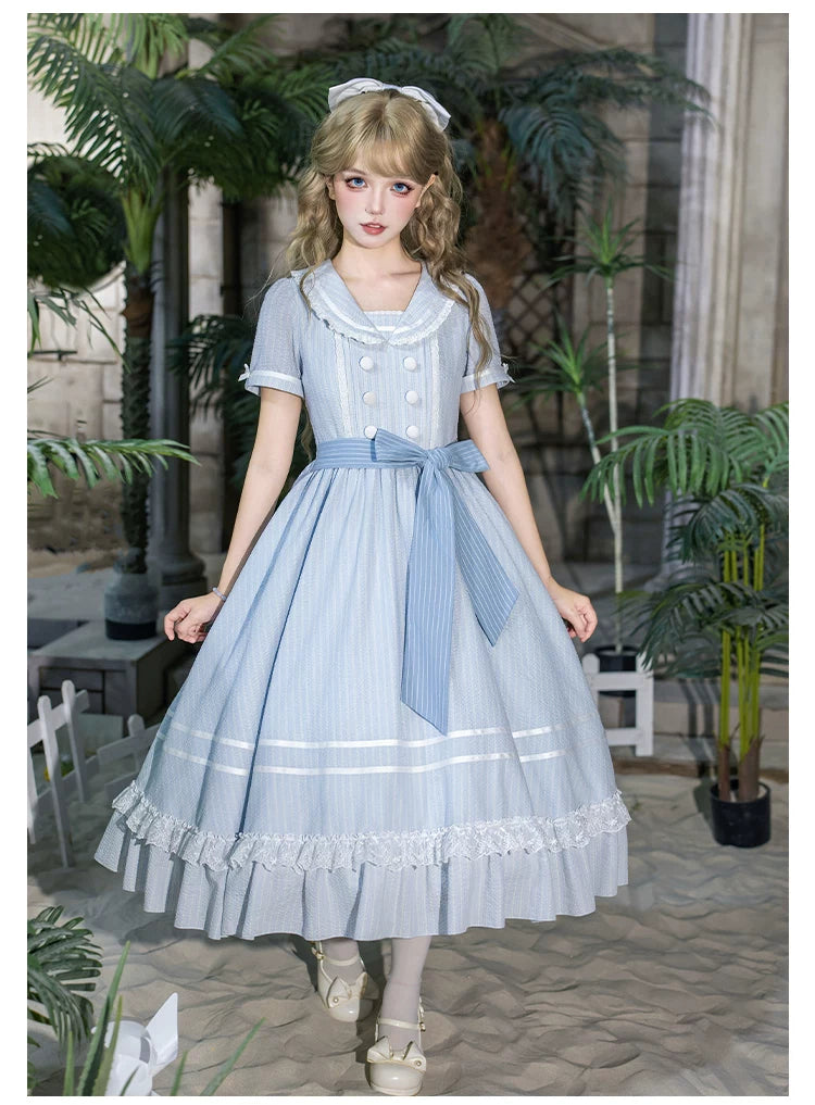 Seven-Day Bell - Blue Classic Lolita Striped OP Dress, Sailor Collar 45166:837888