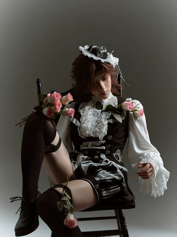 Crow Feather Ode - Ouji Lolita Cotton Linen Shirt and Clock Embroidery Vest Set 45665:857421