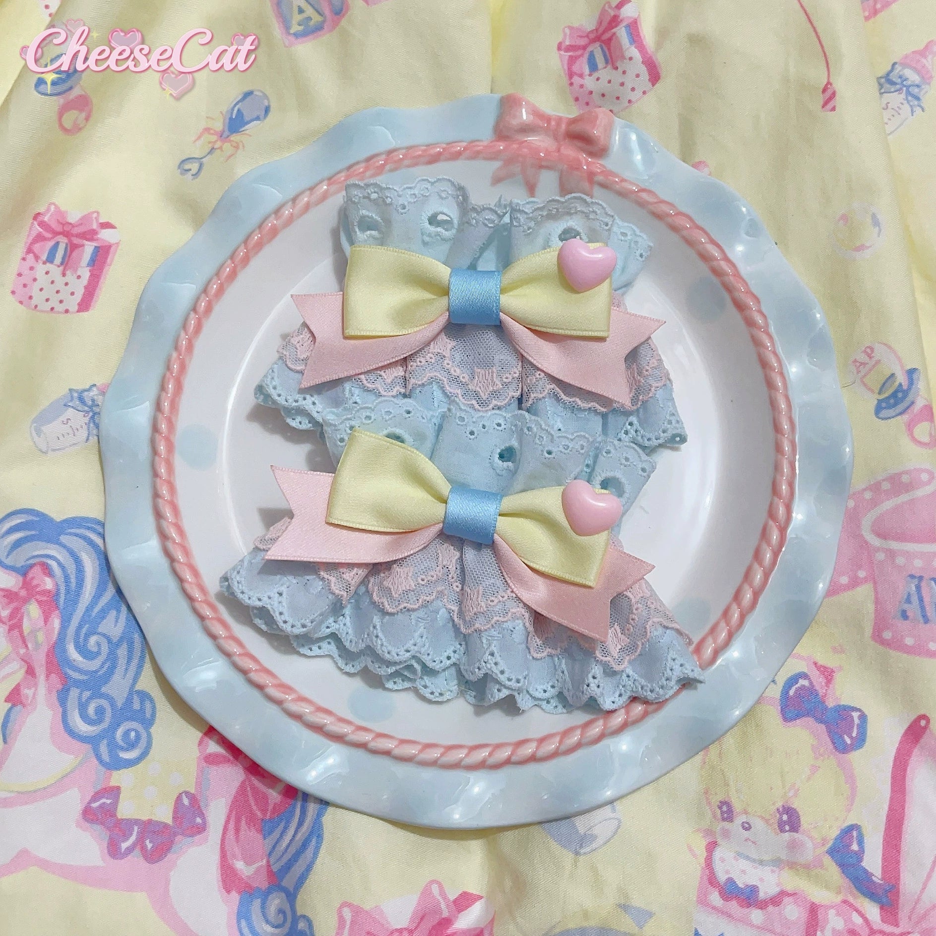 CheeseCat - Creamy Celestial - Sweet Lolita Cuffs Handmade Lace Cuffs Pink x blue x yellow