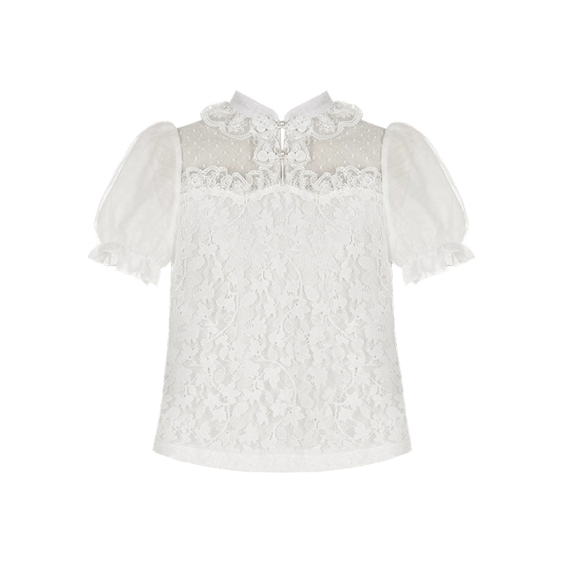 With PUJI - Moon Gauze - Qi Lolita Blouse Chinese Style Shirt S White short-sleeved shirt