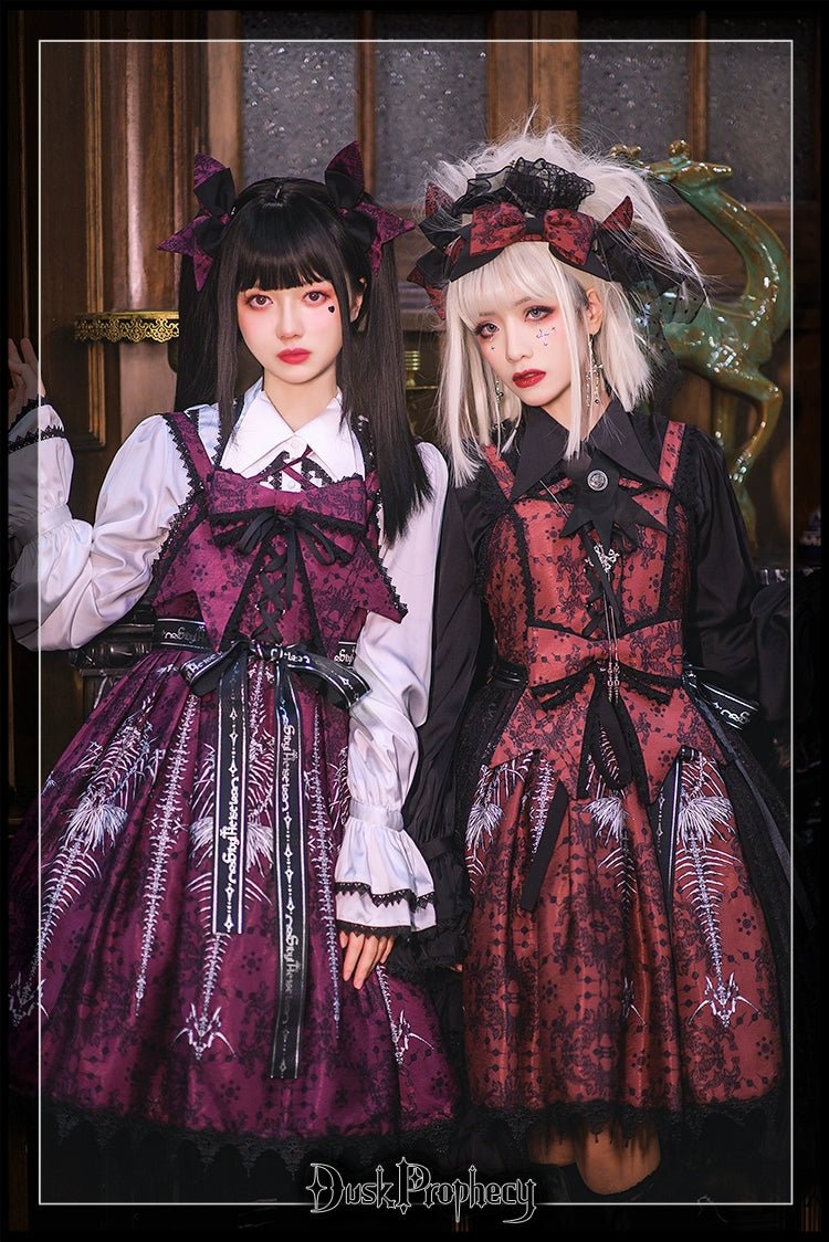 DuskProphecy - Coccyx - Elegant Lolita Dress High Waist Fishbone Print JSK Set 34722:466622