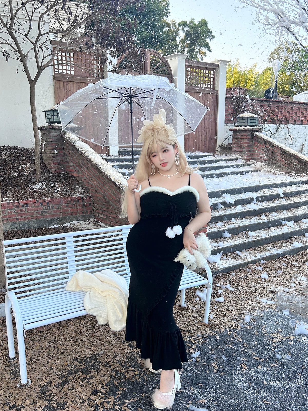 Yingtang~Plus Size Lolita Suit Knitted Fishtail Lolita Dress XL Black fishtail elastic dress 