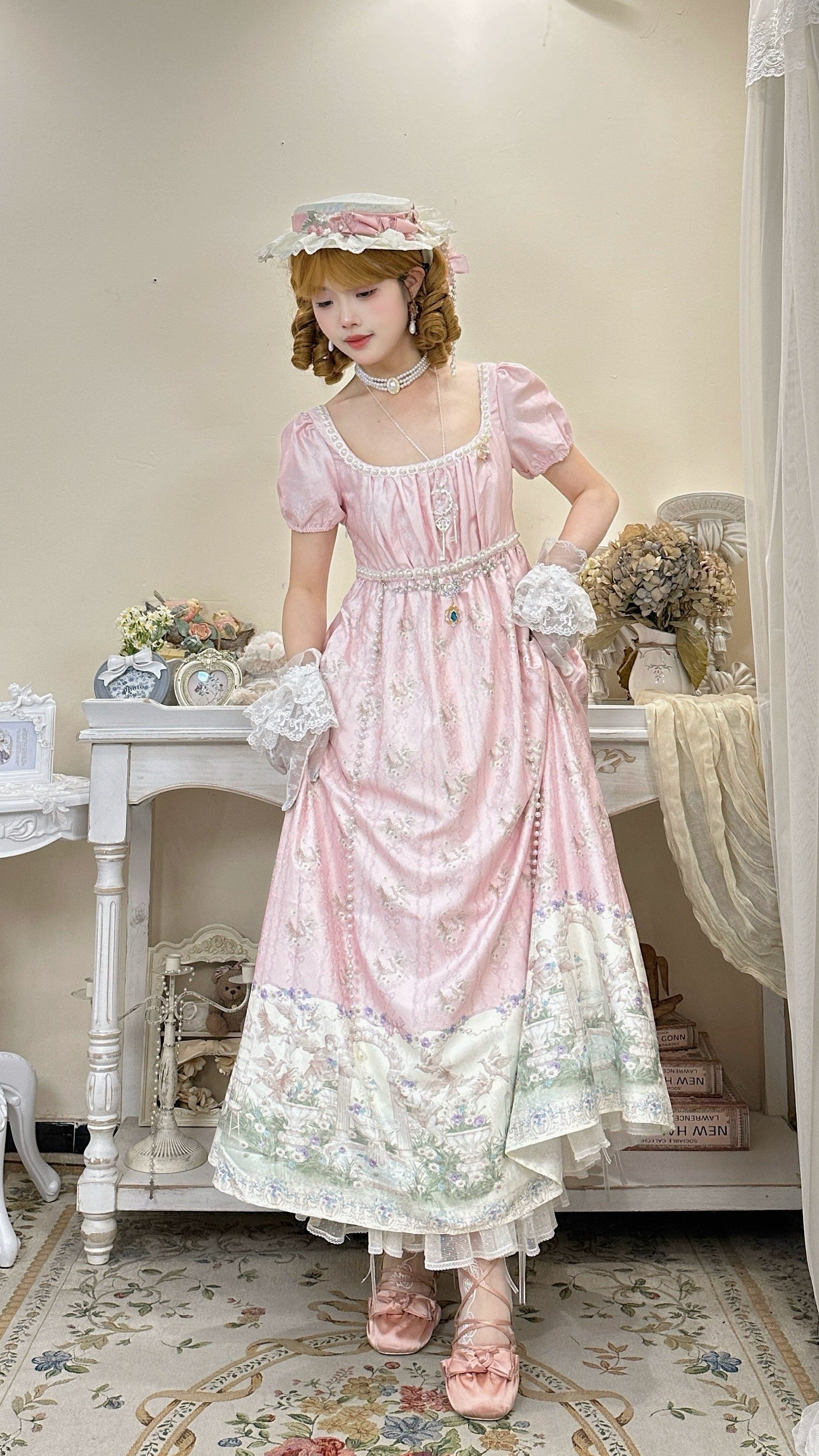 MeowMeow - Nayi Spring - Empire Waist Elegant Lolita OP Dress A Pink Dress + A Floral Brooch S
