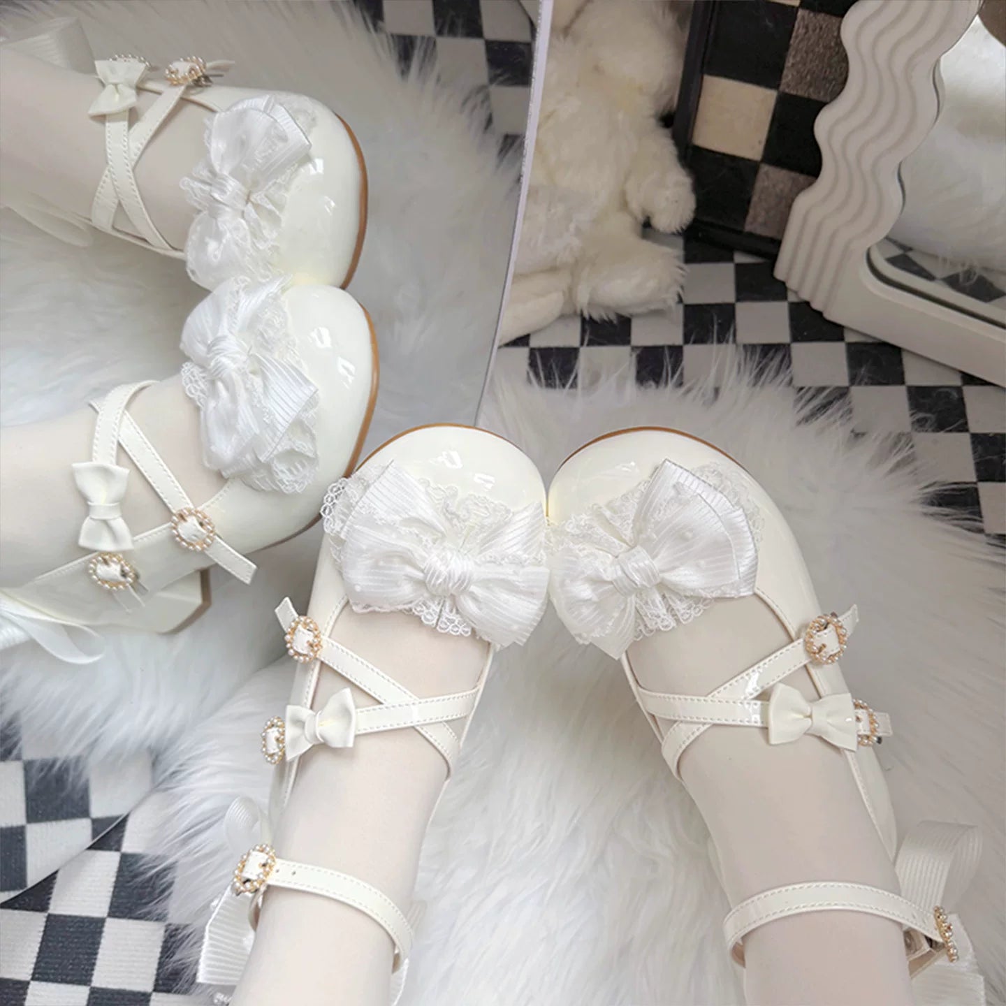 Cloud Satin Dream - Sweet Lolita Shoes, Ribbon Bows & Round Toe Off-white low heels 35