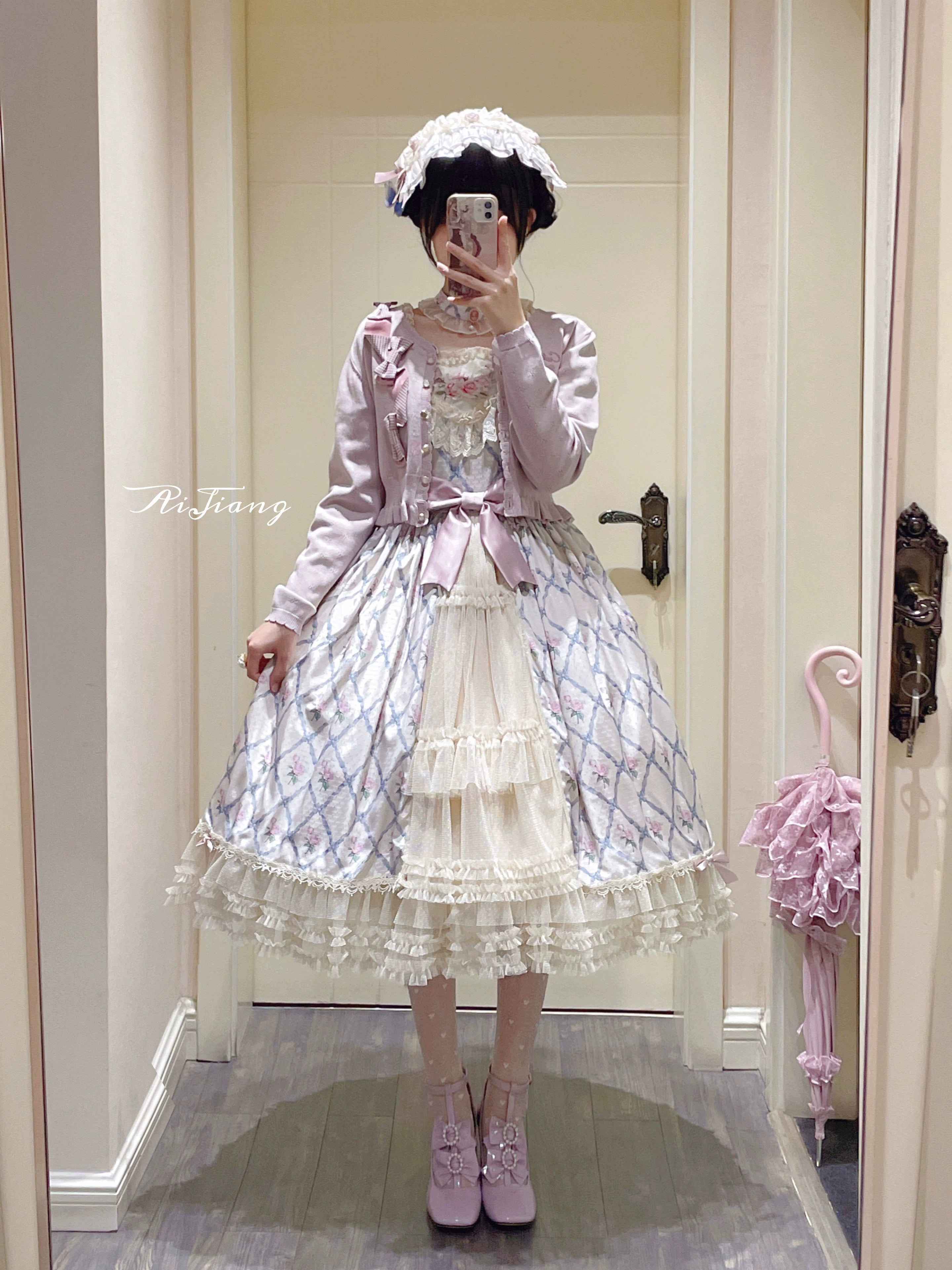Moon River~Elegant Lolita OP Dress Short Sleeve Square Neckline Print Dress 34110:441908
