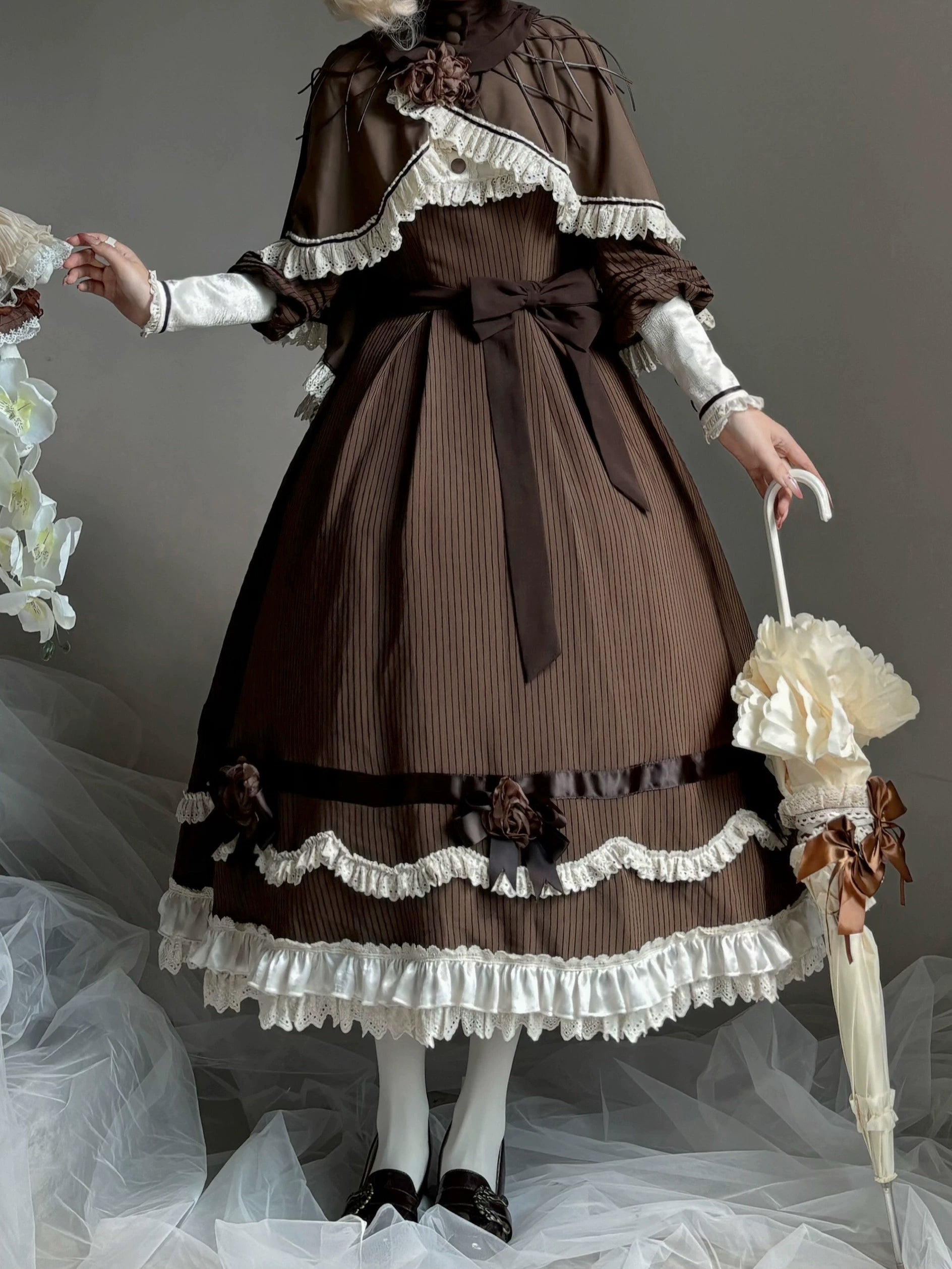 Muyu Handmade Studio - Evening Whispers of London - Brown Classic Lolita OP Dress, Mermaid Skirt Outfit 43993:791969