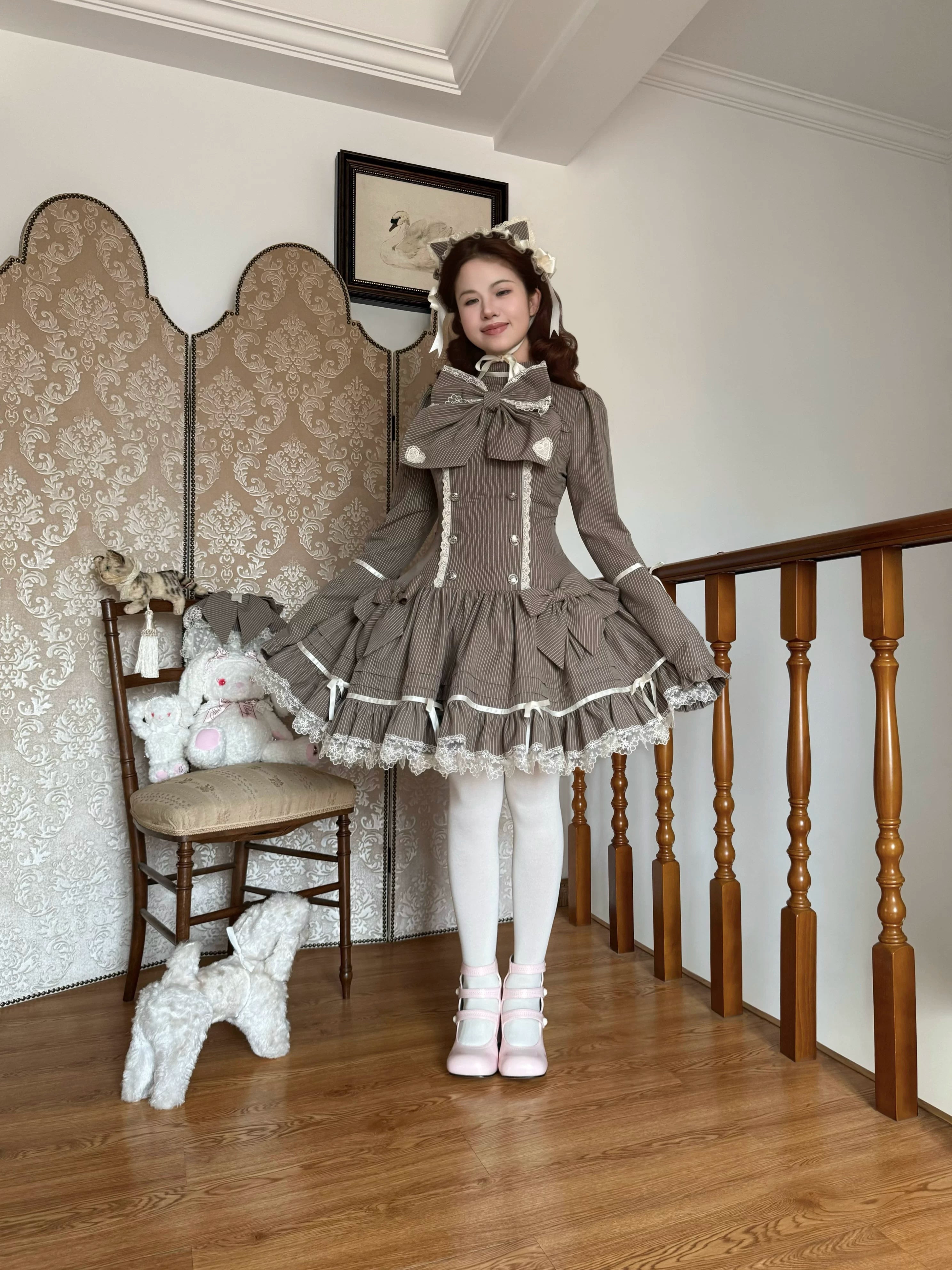 Phantom Kitty - Old School Lolita Low Waist OP Dress, Lace & Bow