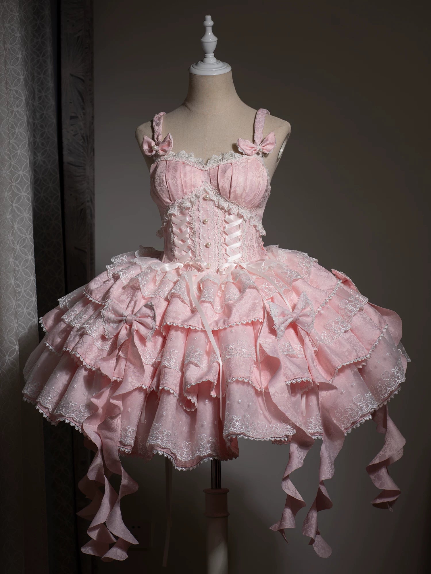 Mori Isle - Solid Gothic Lolita JSK Dress, Embroidered Lace (Pink / L M S XS) 45658:857766