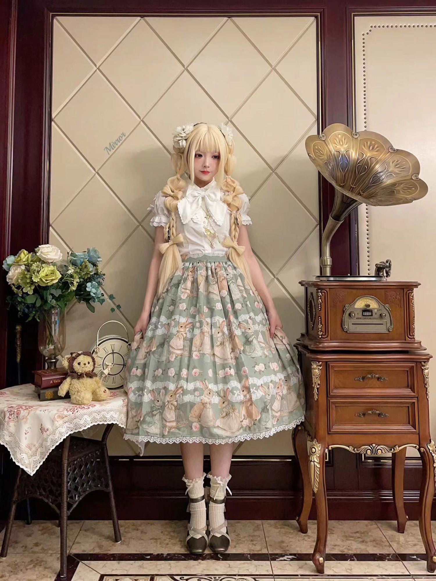 Fruit and rice - Tea Break Rabbit - Vintage Lolita JSK Rabbit Print Multicolors M Green Skirt
