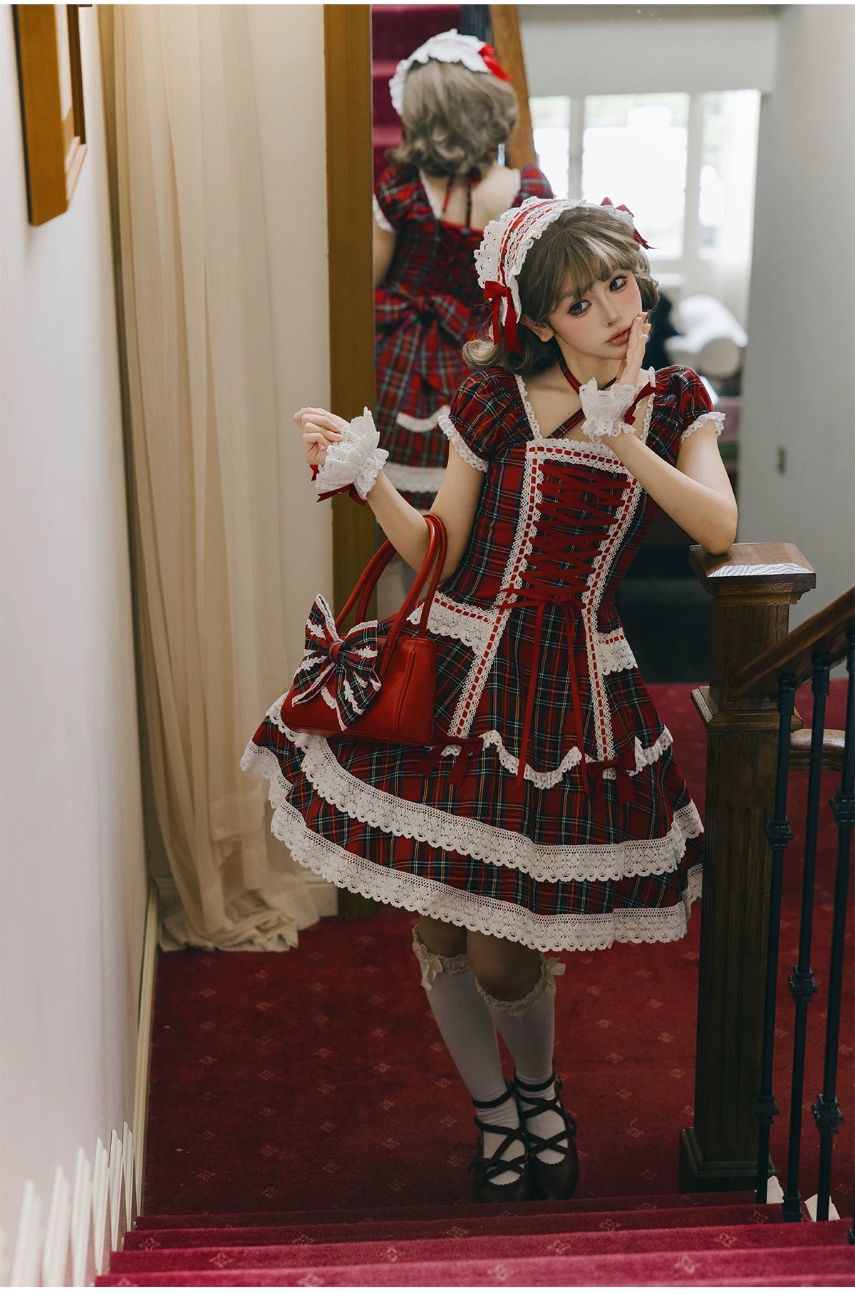 Showa Sweetheart - Old School Lolita OP Dress, Ruffled Lace Hem 45887:866778