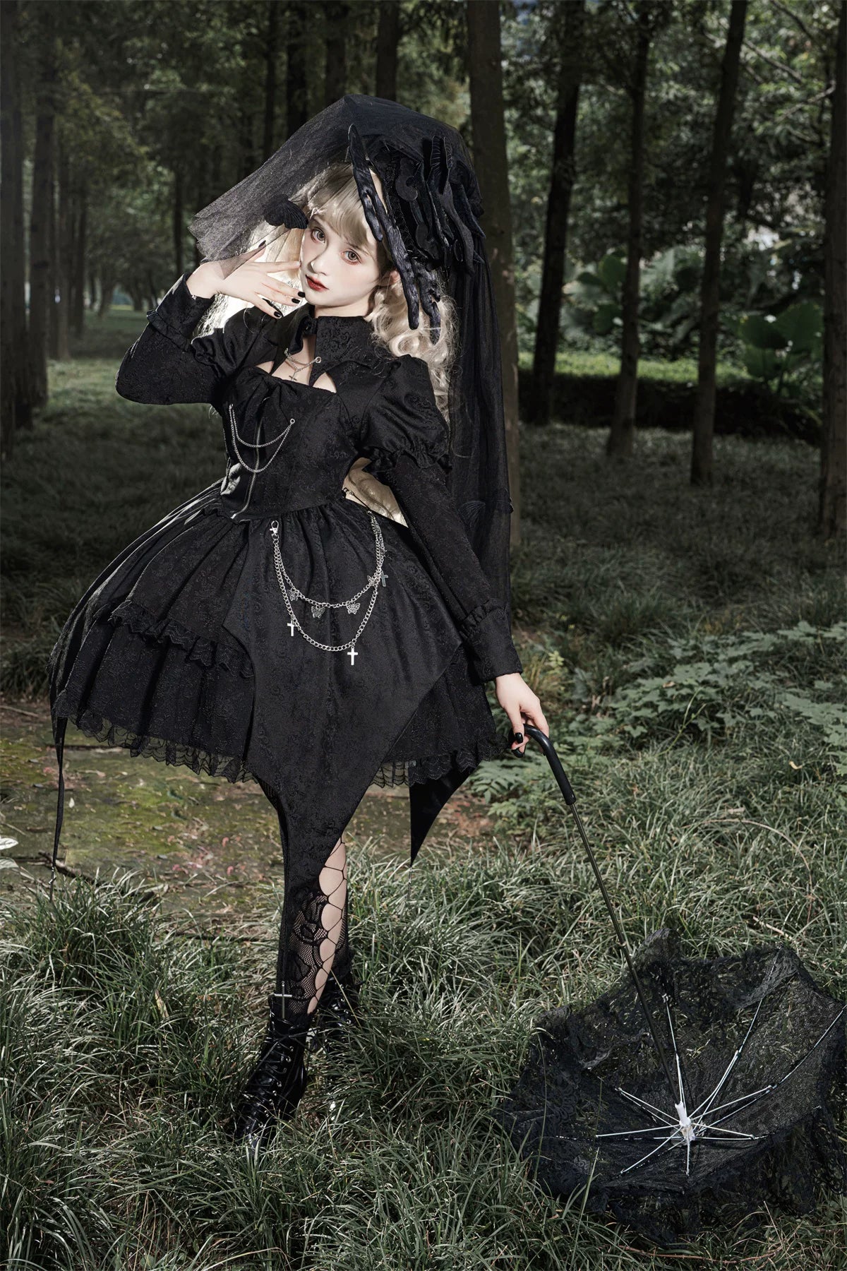 Darknight Creed - Gothic Lolita Jacquard OP, Irregular Hem & Cross Pendants 45847:865308