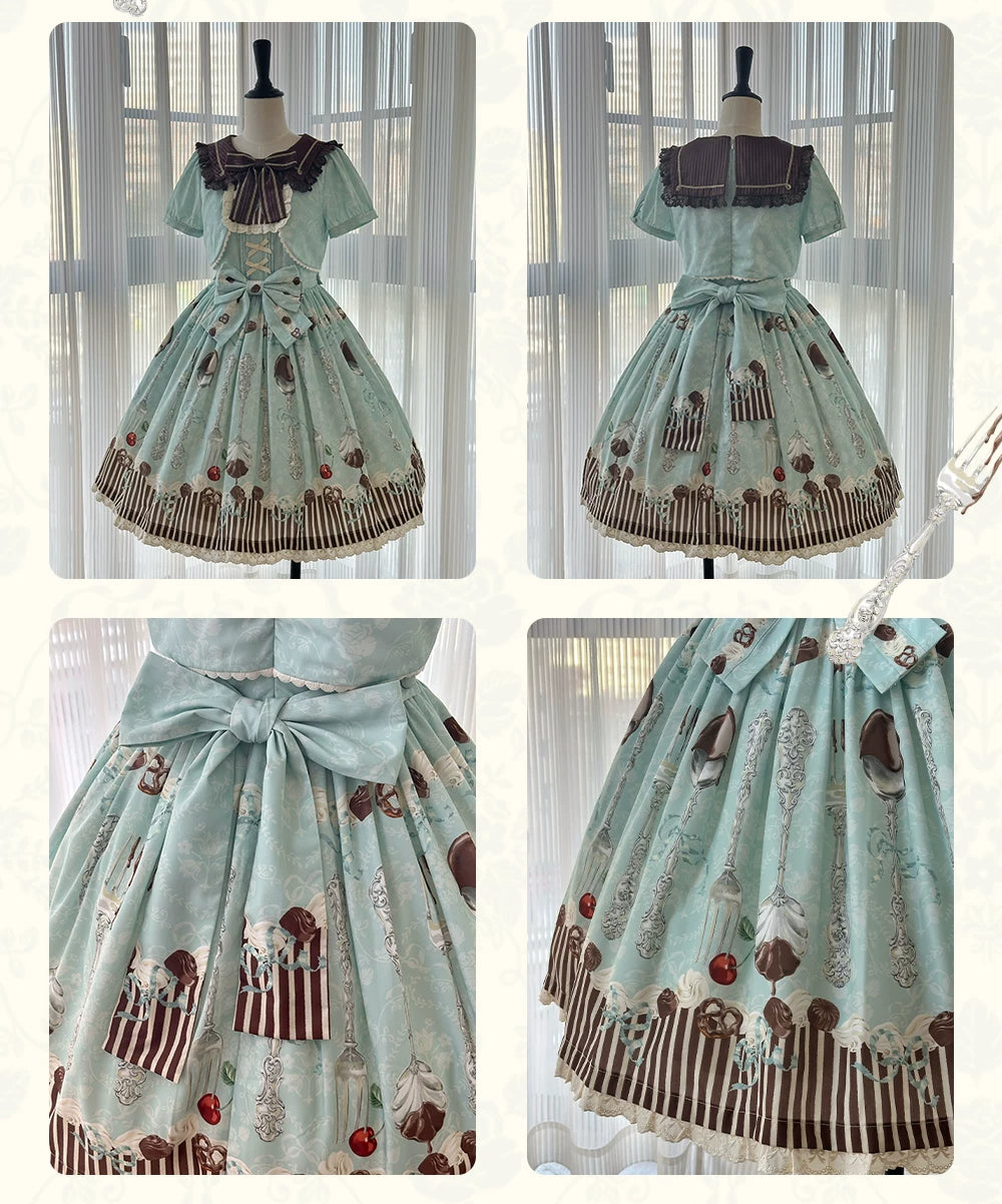 Dessert - Kawaii Lolita Sailor Collar OP Dress, Chocolate & Fork Print 44905:827061