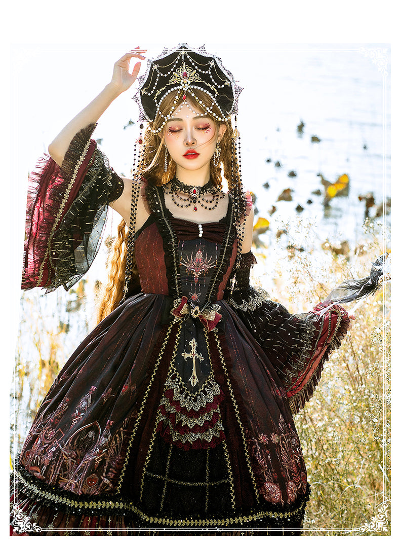 YingLuoFu - Black Red Retro Palace Elgant Classical Lolita JSK