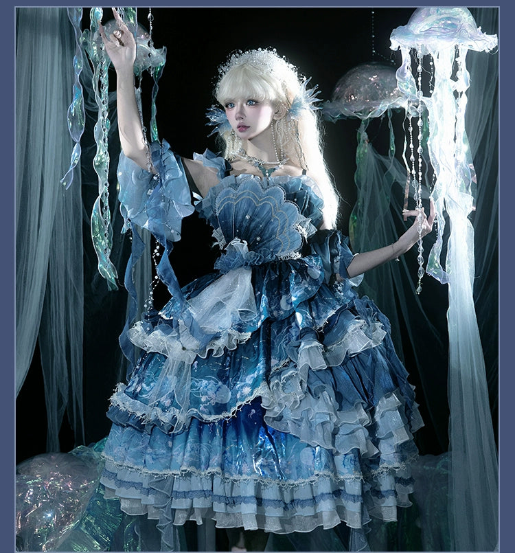 YingLuoFu - Blue Breath Jellyfish - Classic Lolita Jumper Dress, Side Zipper