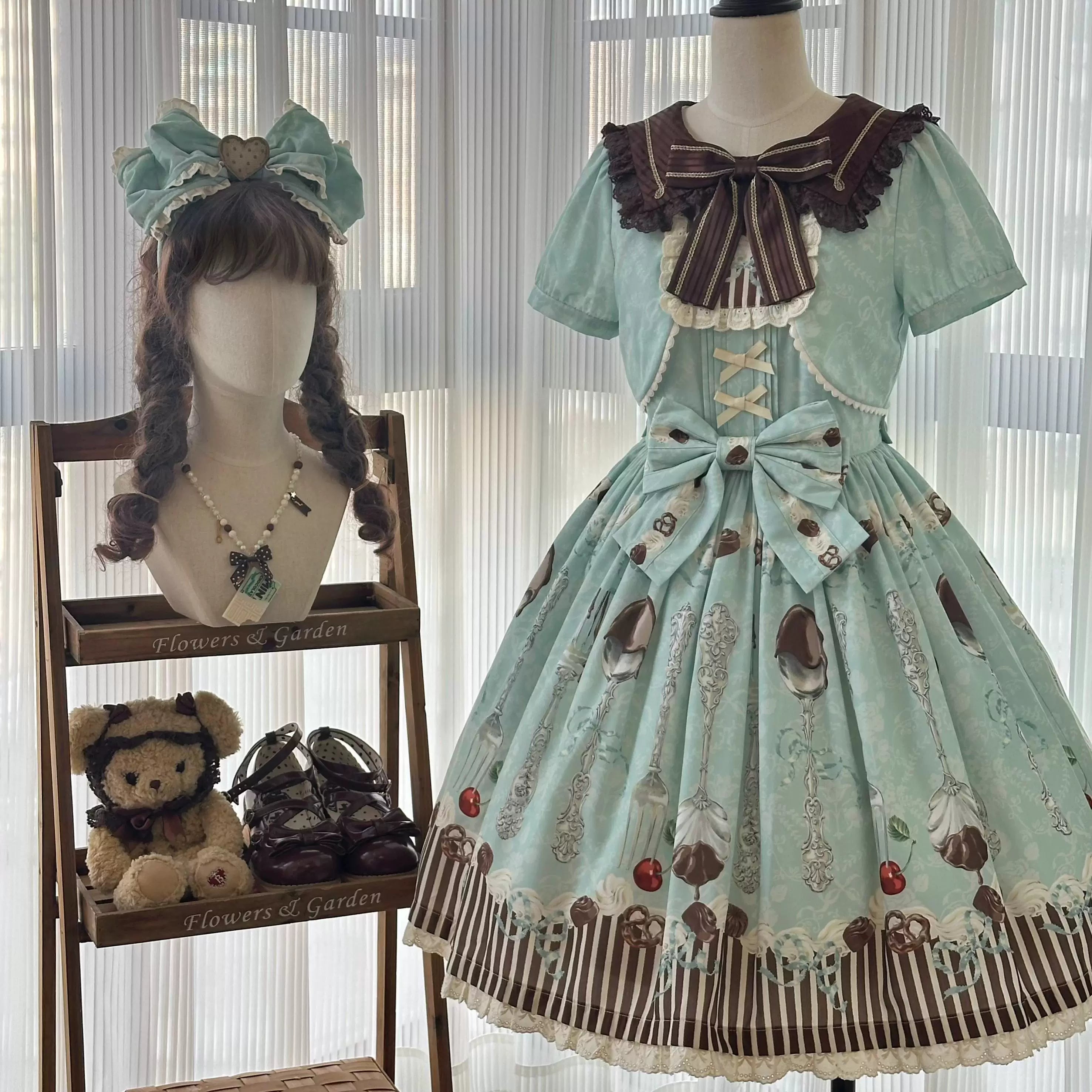 Dessert - Kawaii Lolita Sailor Collar OP Dress, Chocolate & Fork Print 44905:827062