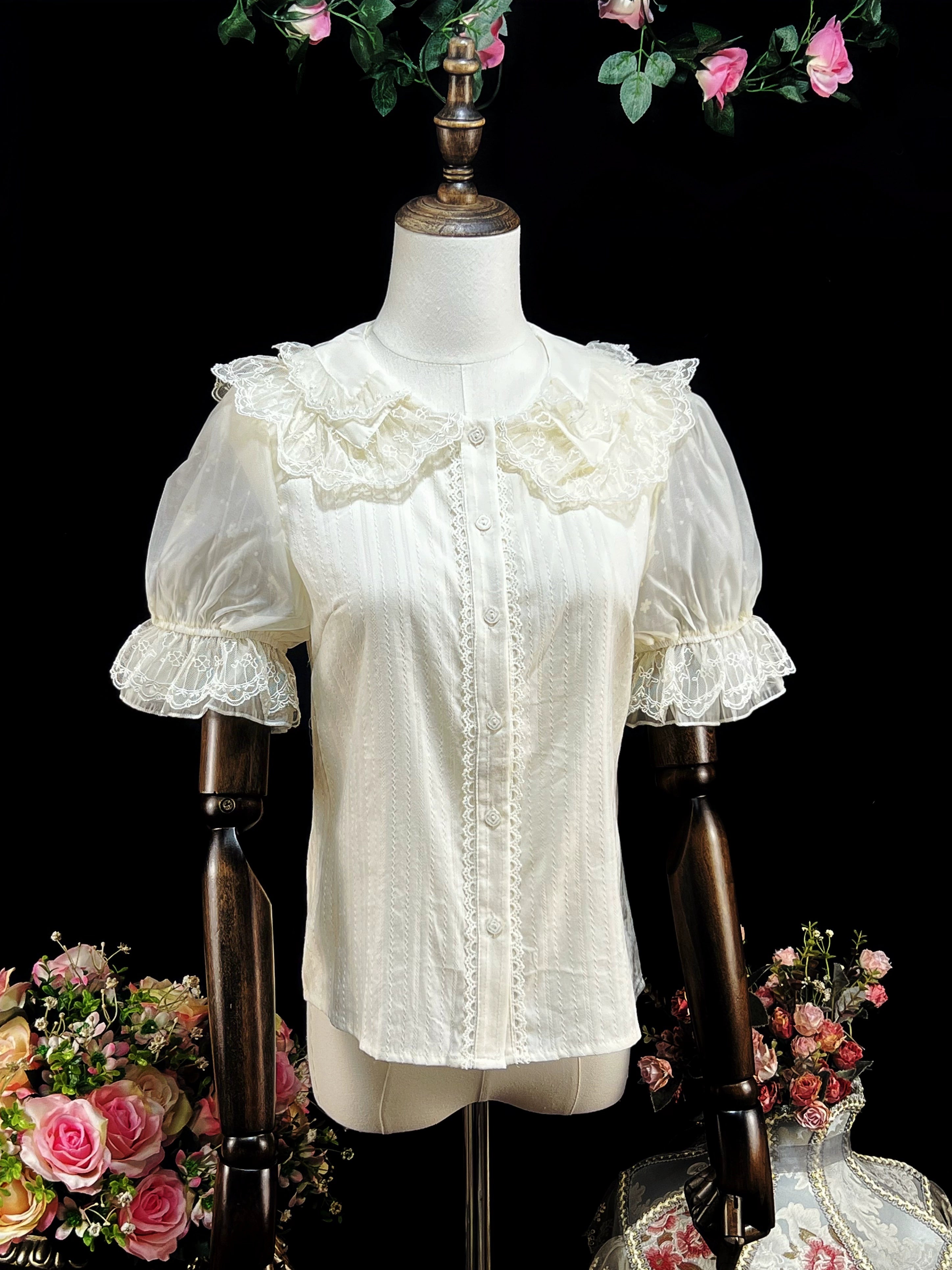 DMFS - Sweet Lolita Shirt Cotton Lolita Blouse Doll Collar apricot S