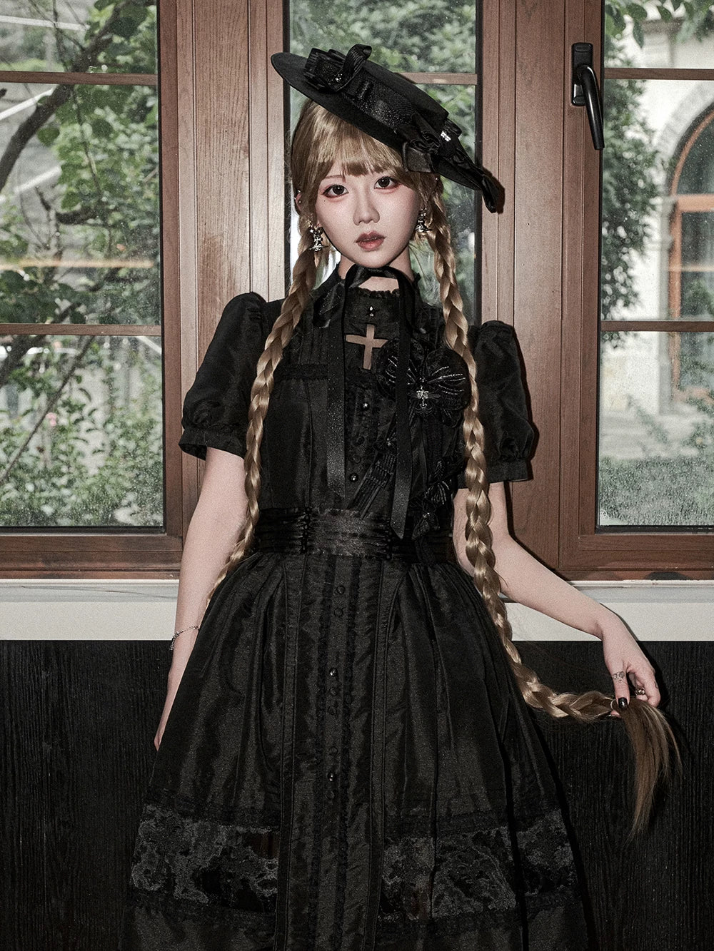 Ghost Orchid - Gothic Lolita OP Dress, Embroidered Cross