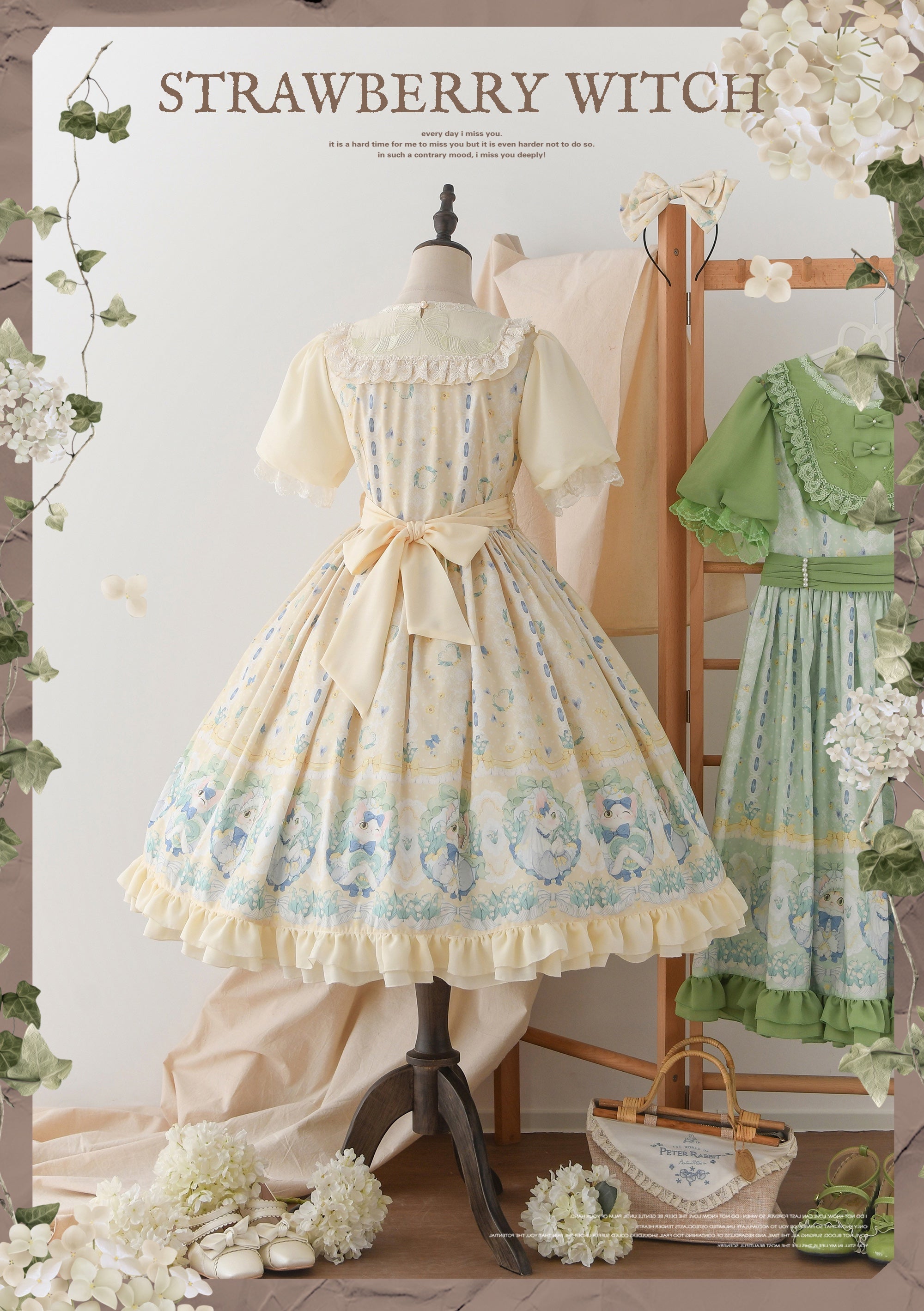 Strawberry Witch - Lily of the Valley Kitten - Country Lolita OP with Embroidery and Cat Print