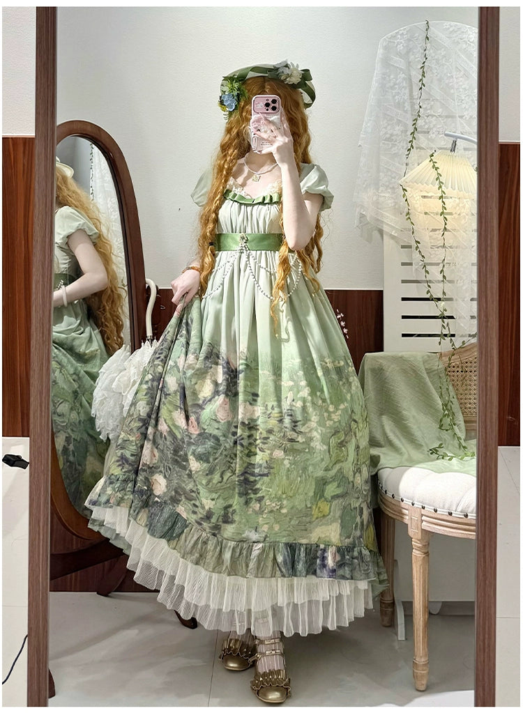 With PUJI - Blooming Rose - Chiffon Classic Lolita Dress Set Painting Styled OP & JSK 42925:758709