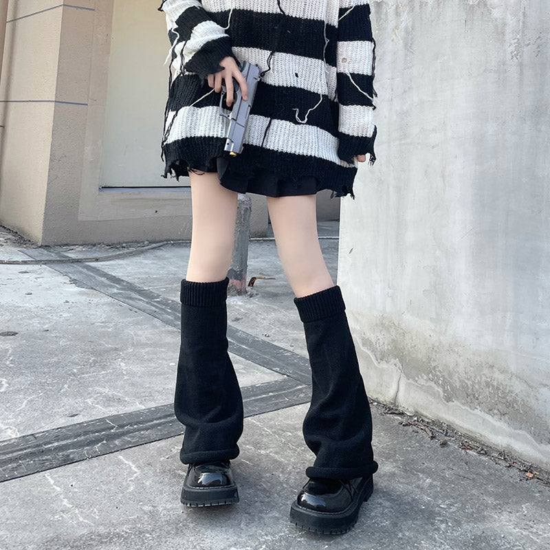 Hua Nai Cat - Winter Lolita Knit Leg Warmer Mid-Calf Socks One Size Black - 50cm with elastic and roll rim