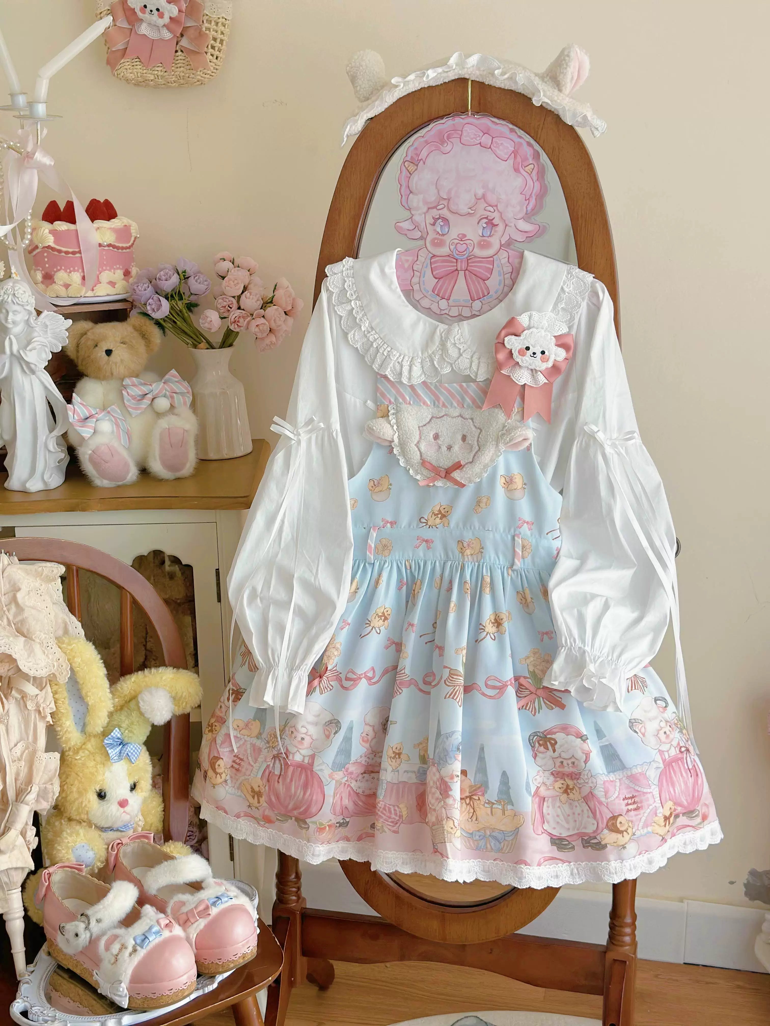MeowMeow - Dance of the Lambs - Kawaii Lolita Salopette Dress With Cute Animal Prints Blue - Salopette + Waist Tie + Side Clip/Pair (or badge replacement) S