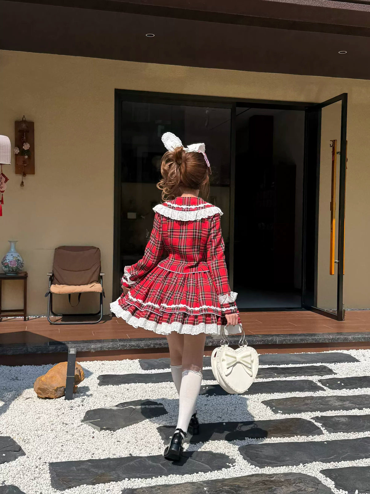 Christmas Knot - Christmas Old School Lolita Jacket & Skirt Set, Red Plaid 46051:873283