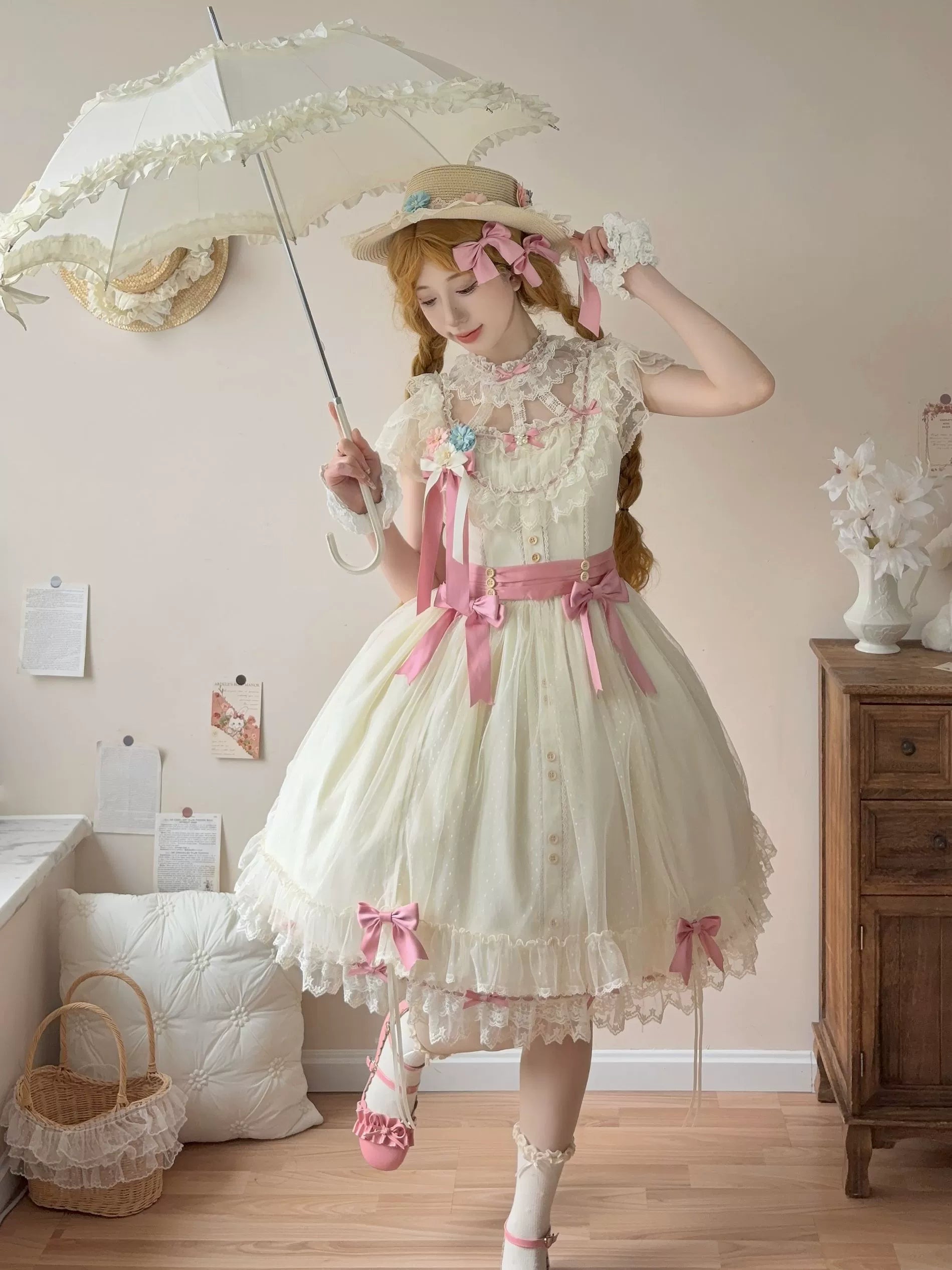 Uncle's Workshop - Fluttering Cherry Spring Strings - Cotton Sweet Lolita JSK Dress 42196:776663