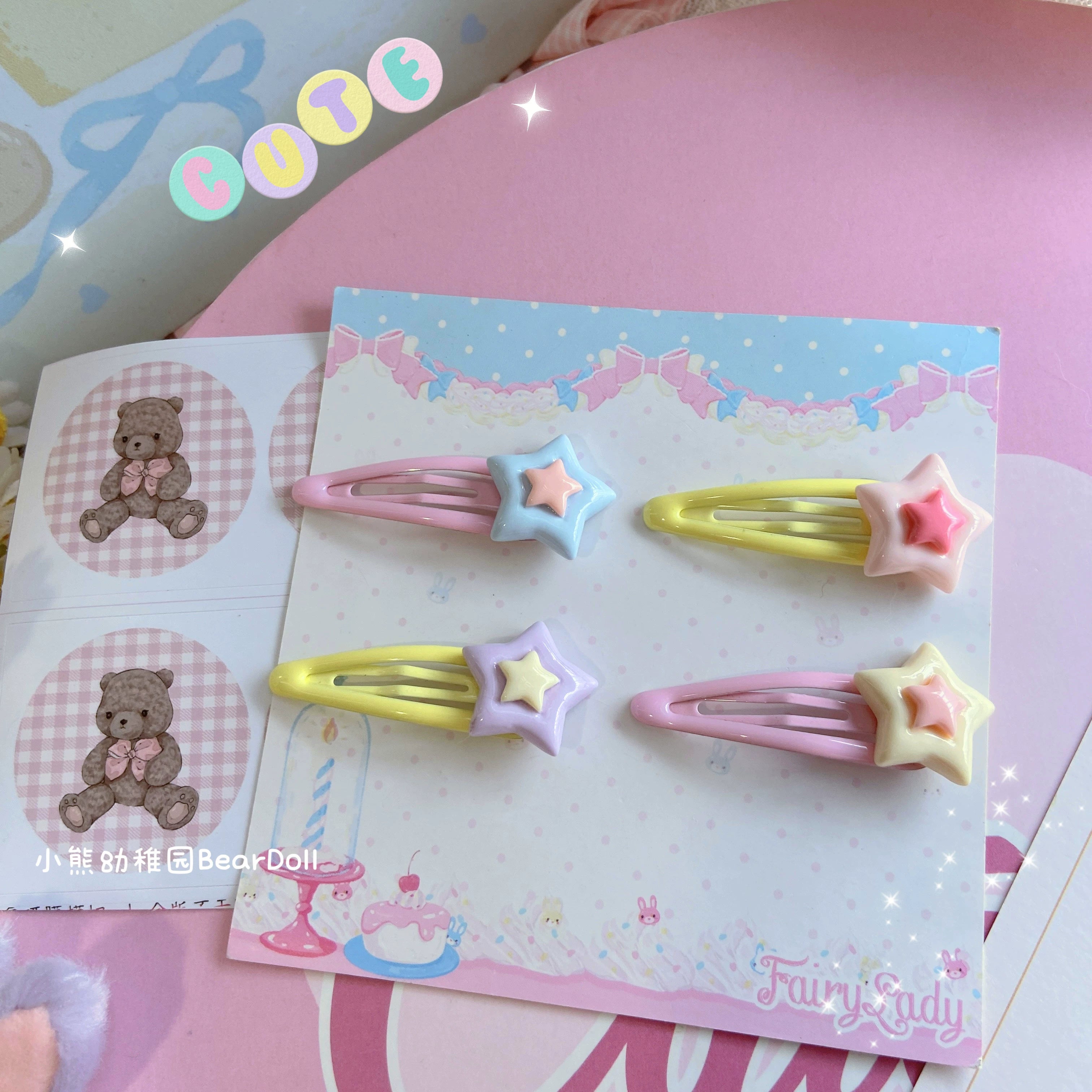 Bear Doll - Kawaii Lolita Hair Pin Adult Children Hello Kitty Hair Clip Blue Stars