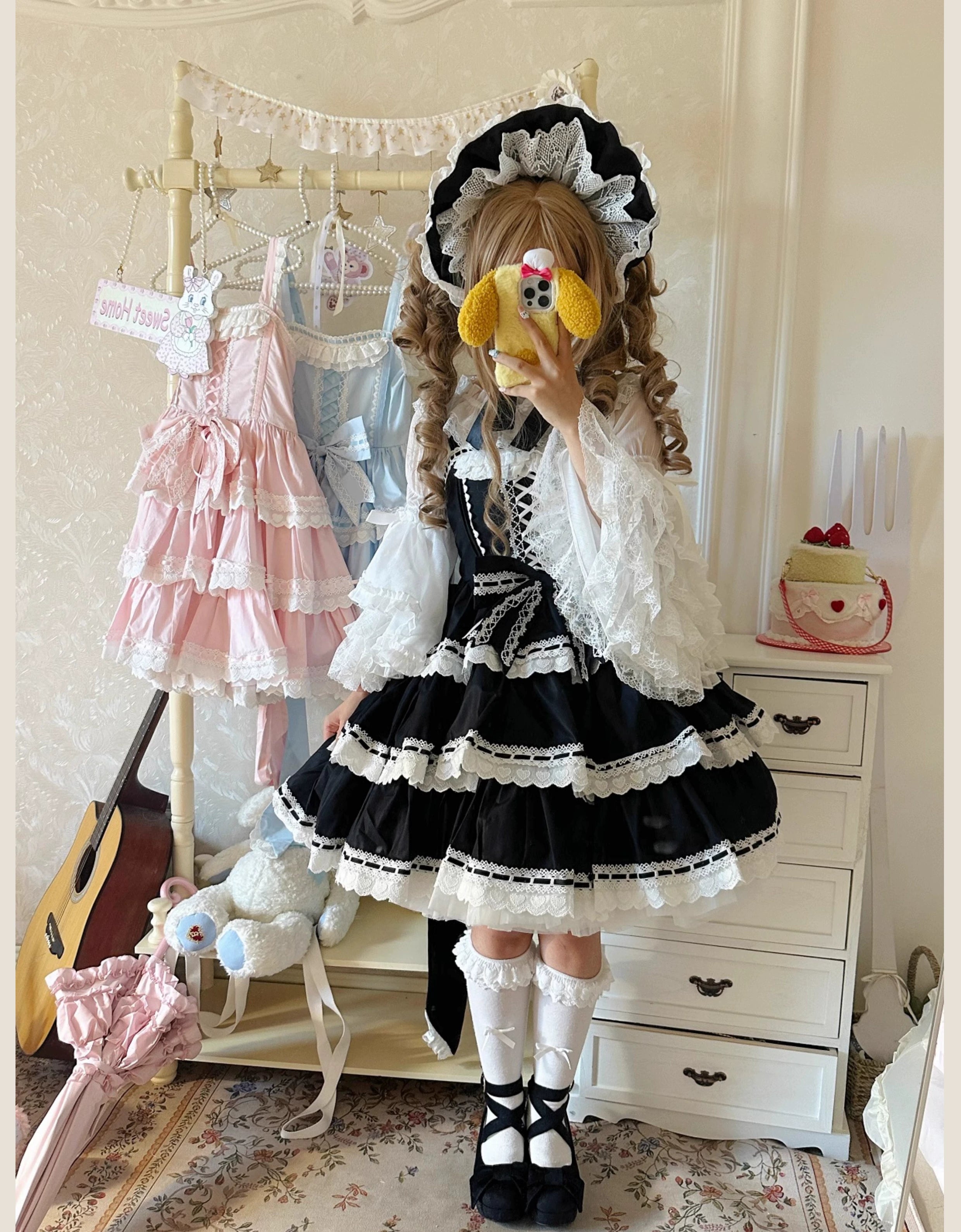 TaTaTa Lolita - Otome Heart - Cotton Old School Lolita JSK Dress Suit, Heart-Shaped Lace Trim Black JSK + Black BNT S