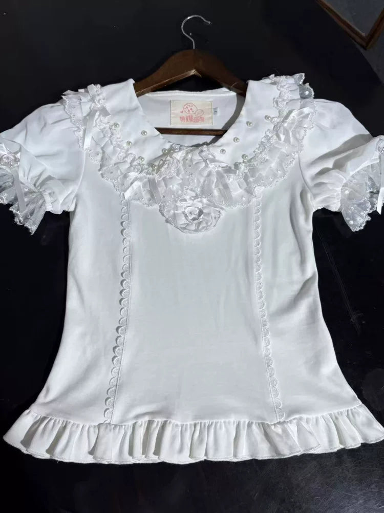 Sea Coconut - Cotton Old School Lolita Peter Pan Collar Blouse with Lace