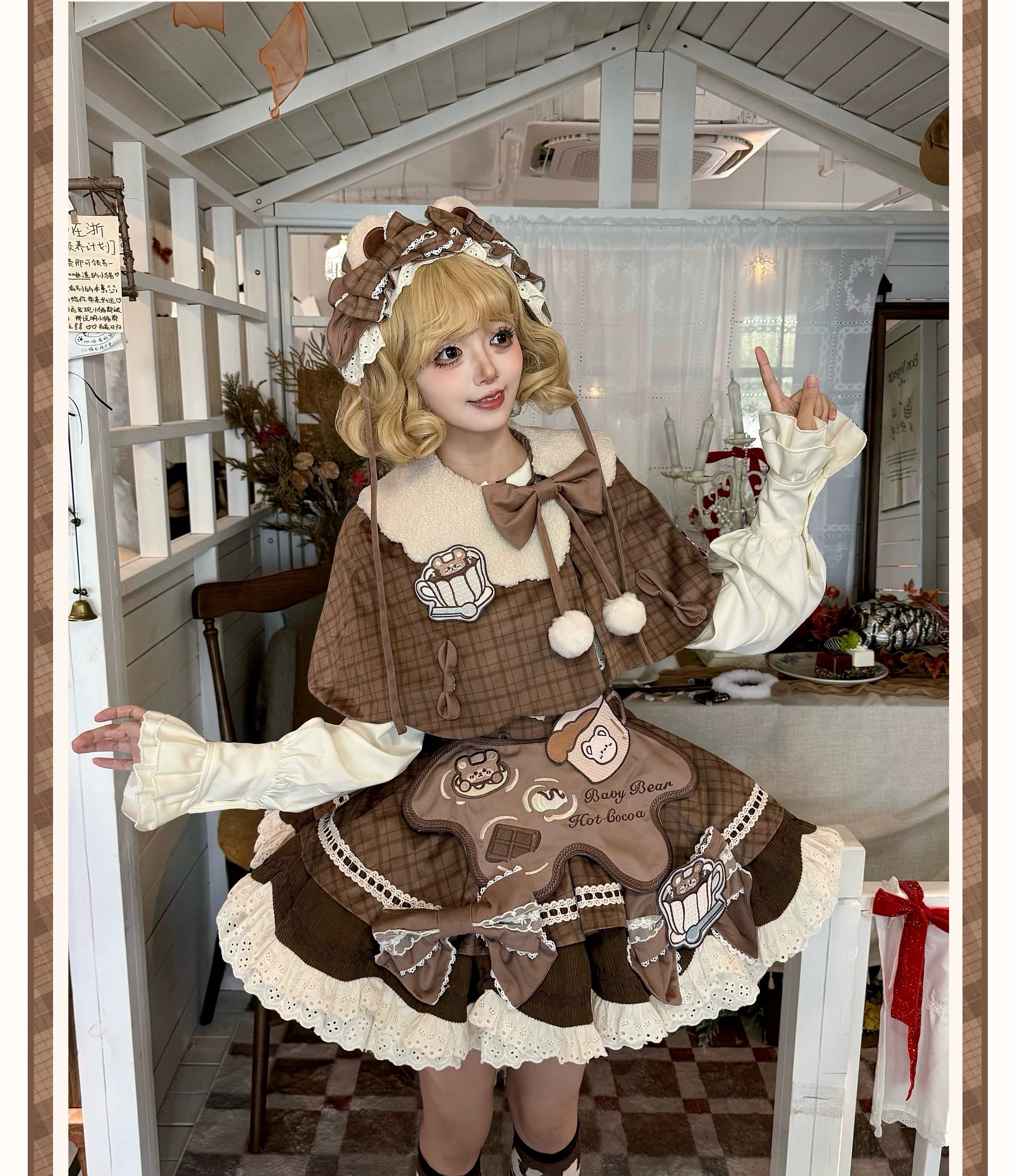 Seal Frosting House - Hot Cocoa Bear - Kawaii Lolita JSK Dress, Blouse & Cape 44181:797611